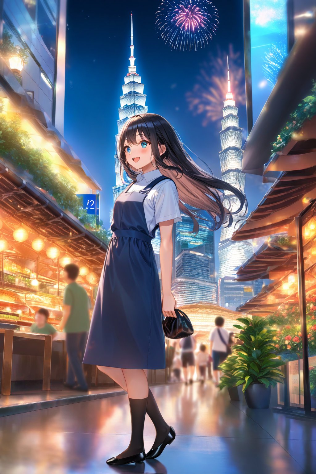 masterpiece, best quality,(1girl), solo,(depth of field),(solo focus),8K,HDR,(ultra high res),(highres),(full body),(lens flare),smiles,blush,(black hair), (long hair),(aqua eyes),(floating hair), sidelocks,(malaysian secondary school uniform),(schoollogo),(school's logo on right side (pinafore dress)),(aqua blue skirt),(blue pinafore),(collared shirt),(white shirt),(short sleeves),(black socks),(black footwear),(ballet flats),(standing),(outdoors),(cityspace),(holding bag),(lamppost),(building),urban,(petronas twin tower),(Longhouse),(national airport tower),KLCC,(Kuala Lumpur countryside),(Kuala Lumper Tower),Malaysia,(blue sky),landmarks,night,firework,(Hibiscus rosa-sinensis),flower,