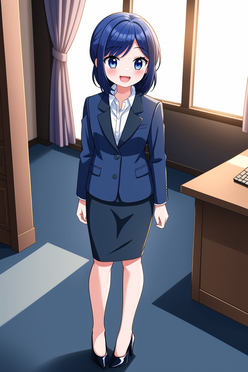 masterpiece, best quality,(1girl), solo,(depth of field),(solo focus),8K,HDR,(ultra high res),(highres),(full body),(lens flare),smiles,blush, asakav1, asaka,(dark blue hair),(dark blue eyes),(parted bangs),(office lady),(navy blue jacket),(white shirt),(collared shirt),(navy blue skirt),(pencil skirt),(black footwear),(high heels),(standing),(office chair),(indoors),(office),table, carpet,curtain,shelf,laptop