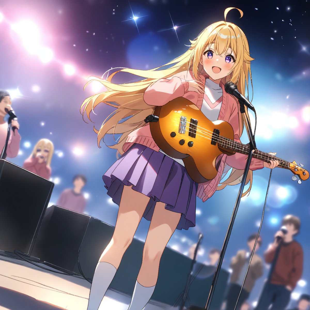 masterpiece, best quality,(1girl), solo,(depth of field),(solo focus),8K,HDR,(ultra high res),(highres),(full body),(lens flare),smiles,blush,ctiank0shi,ahoge (blonde hair),bangs,(long hair),(purple eyes),(pink cardigan),(open cardigan),(red shirt),(long sleeves),(purple skirt),(white socks),(blue footwear),(flats),(outdoors),(holding bass guitar),(dutch angle),(microphone stand),music, singing,(stage lights),(star (sky)),(standing),audience