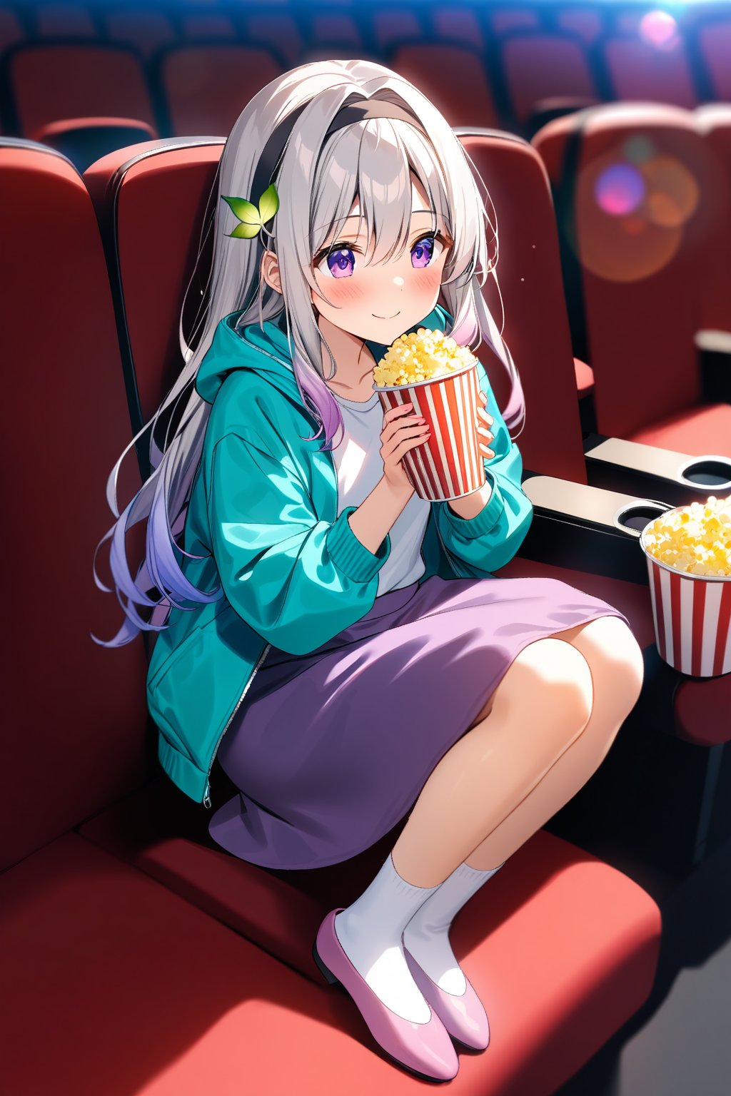 masterpiece, best quality,(1girl), solo,(depth of field),(solo focus),8K,HDR,(ultra high res),(highres),(full body),(lens flare),smiles,blush,(closed mouth),Firefly,(parted bangs),(purple eyes),(grey hair),(gradient hair),(hair intakes),(long hair),(black hairband),(leaf hair ornament),(black ribbon),(hair between eyes),(aqua jacket),(white shirt),(purple skirt),(white socks),(pink footwear),(flats),(sitting),indoors,cinema,(holding food),(popcorn),(disposable cup),(movie theater),(out of frame),(theater seating),