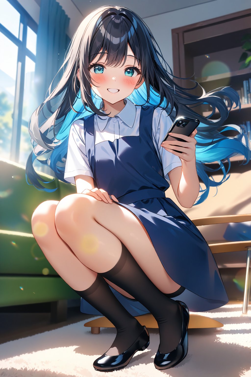 masterpiece, best quality,(1girl), solo,(depth of field),(solo focus),8K,HDR,(ultra high res),(highres),(full body),(lens flare),smiles,blush,(black hair), (long hair),(aqua eyes),(floating hair), sidelocks,(malaysian secondary school uniform),(schoollogo),(school's logo on right side (pinafore dress)),(aqua blue skirt),(blue pinafore),(collared shirt),(white shirt),(short sleeves),(black socks),(black footwear),(ballet flats),(sitting on couch),(indoors),(holding the smartphone),(living room),curtains,window, carpet,shelf,