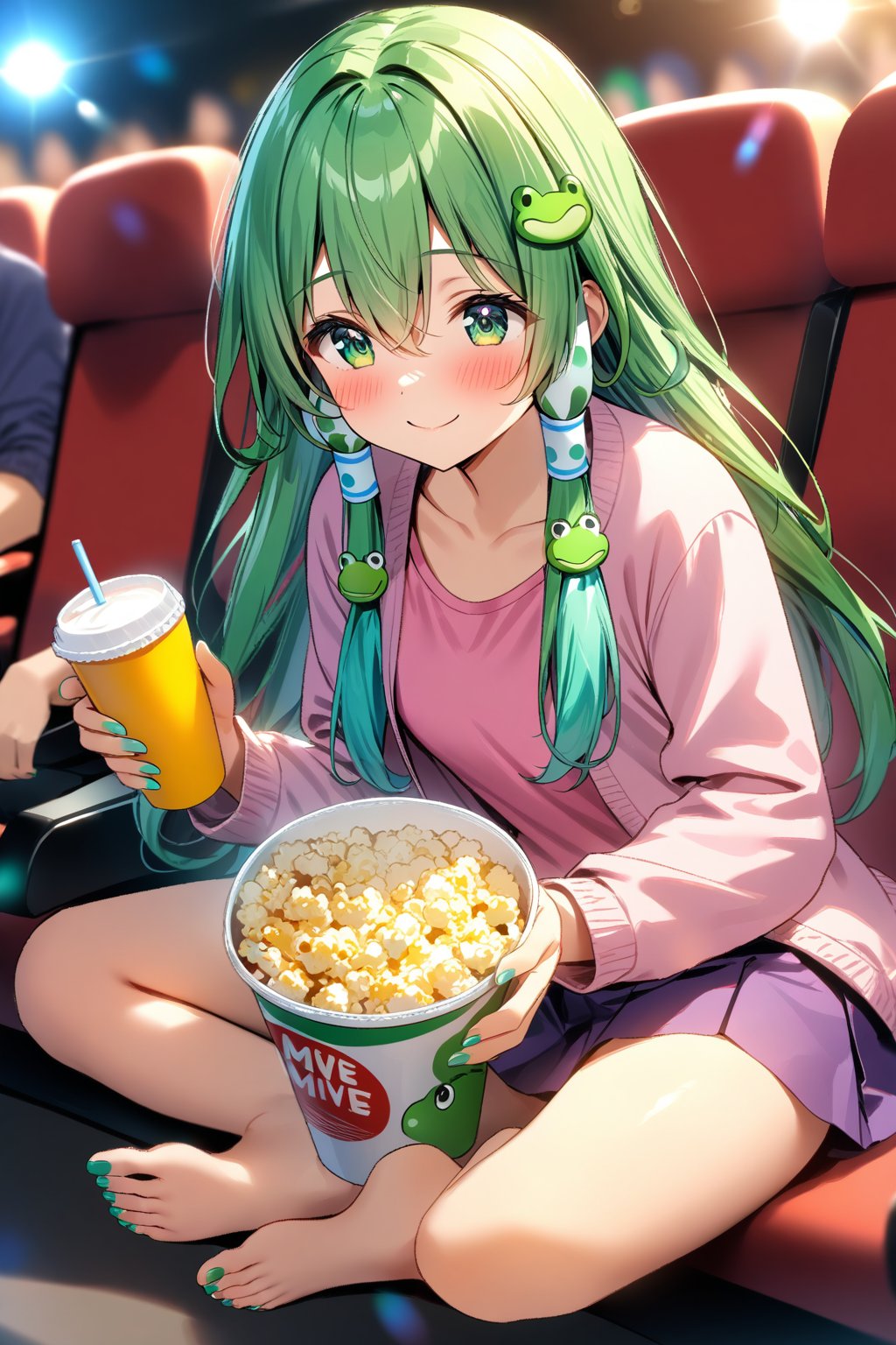 masterpiece, best quality,(1girl), solo,(depth of field),(solo focus),8K,HDR,(ultra high res),(highres),(full body),(lens flare),smiles,blush,(closed mouth),(kochiya sanae), bangs, (long hair),(green hair),(green eyes),(hair between eyes),(frog hair ornament),(snake hair ornament),(hair tubes),(aqua cardigan),(open cardigan),(pink shirt),(purple skirt),(barefoot),(toenail polish),(green nails),(sitting),indoors, cinema,(holding food),(popcorn),(disposable cup),(drink),(movie theater),(theater seating),