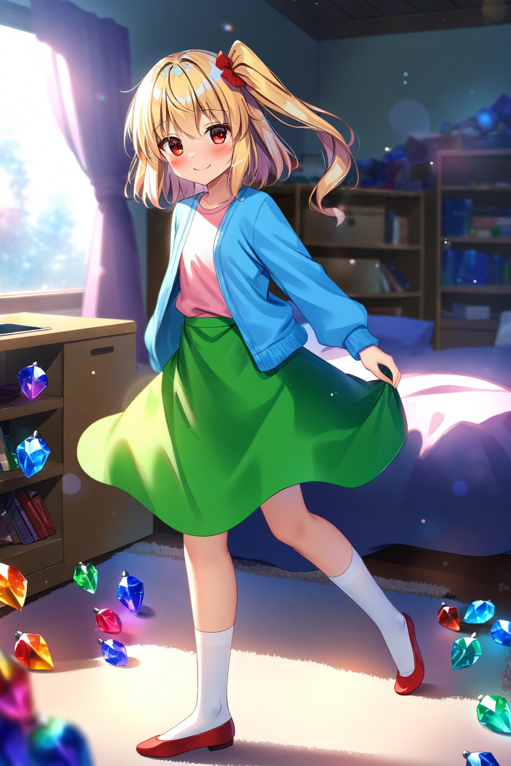 masterpiece, best quality,(1girl), solo,(depth of field),(solo focus),8K,HDR,(ultra high res),(highres),(full body),(lens flare),smiles,blush,(closed mouth),(touhou),(flanN),(flandre scarlet),(blonde hair),(side ponytail),(medium hair),(red eyes),wings, crystal, (laevatein \(touhou\)),(blue cardigan),(open cardigan),(pink shirt),(green skirt),(white socks),(red footwear),(ballet flats),(indoors),(messy room),(shelf),(curtains),(carpet),(bed),(window),(holding phone),