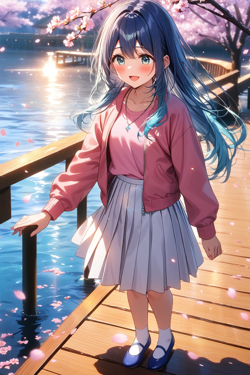 masterpiece, best quality,(2girls), solo,(depth of field),(solo focus),8K,HDR,(ultra high res),(highres),(full body),(lens flare),smile,blush,(kurokawaakane),(aqua eyes),(blue hair), gradient hair),(long hair),(collarbone),(necklace),(blue jacket),(open jacket),(pink shirt),(white skirt),(white socks),(blue footwear),(ballet flats),(outdoors),(standing),(branch),(cherry blossoms),(frame),petals,pier,water,{{CINEMATIC LIGHTING}},{{REALISING TEXTURES}}, ((with daughter)), child, 
