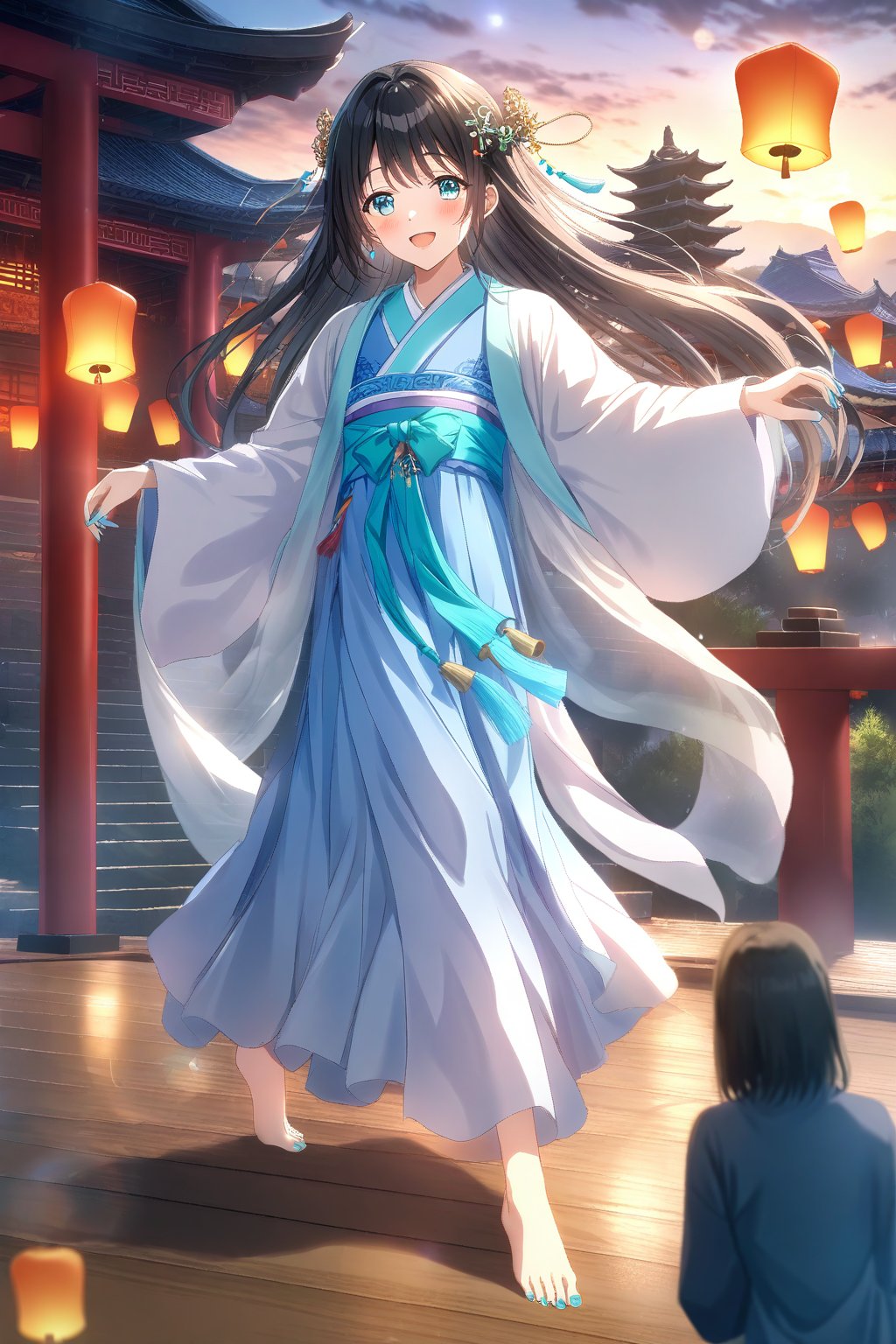 source_anime,masterpiece, best quality,(1girl), solo,(depth of field),(solo focus),8K,HDR,(ultra high res),(highres),(full body),(perfect lighting),(lens flare),smiles,blush,(black hair),(long hair),(aqua eyes),(hair ornament),(hanfu),(ruanyi0758),(shawl),(jewelry),(chinese clothes),(blue dress),(long sleeves),(wide sleeves),(barefoot),(toenail polish),(aqua nails),scenery,outdoors,(east asian architecture),(dancing),(sky lantern),temple,(wooden floor),landscape,bell,stairs,railing,statue,