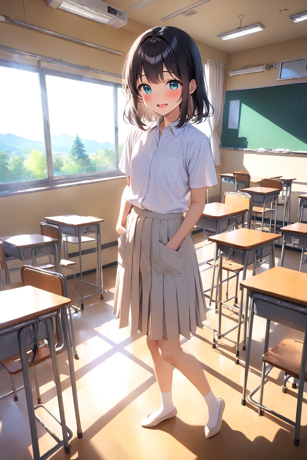 masterpiece, best quality,(1girl), solo,(depth of field),(solo focus),8K,HDR,(ultra high res),(highres),(full body),(perfect lighting),(lens flare),smiles,blush,(black hair), (medium hair),(aqua eyes), sidelocks,(collared shirt),((double pocket) of (white shirt)),(white buttons),(white skirt),(short sleeves),(white socks),(white footwear),(flats),(indoors),(classroom),(standing),(kyoushitsu),(school chair), (school desk), (whiteboard),(window),(ceiling light),curtains,tree,(air conditioners),