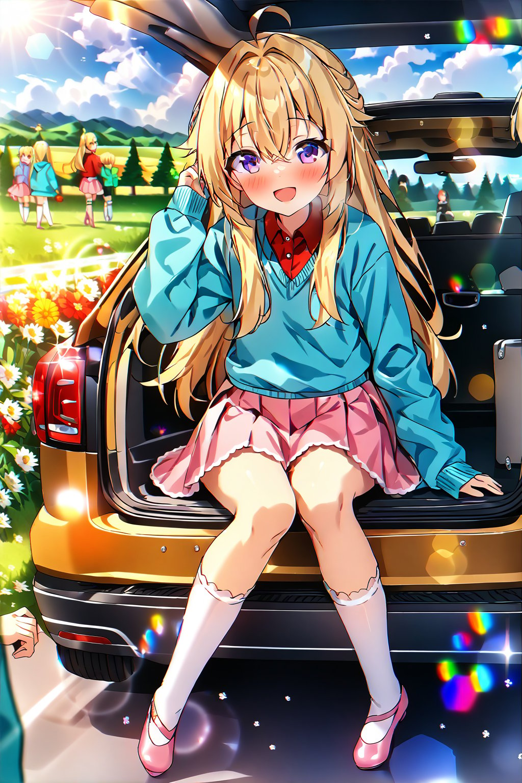 score_9, score_8_up, score_7_up, source_anime,masterpiece, best quality,(1girl), solo,(depth of field),(solo focus),8K,HDR,(ultra high res),(highres),(full body),(lens flare),smiles,blush,(ctiank0shi),ahoge (blonde hair),bangs,(long hair),(purple eyes),(aqua cardigan),(red shirt),(pink skirt),(white socks),(pink footwear),(ballet flats),car,(sitting in car trunk),field,tree,flower,cloud,