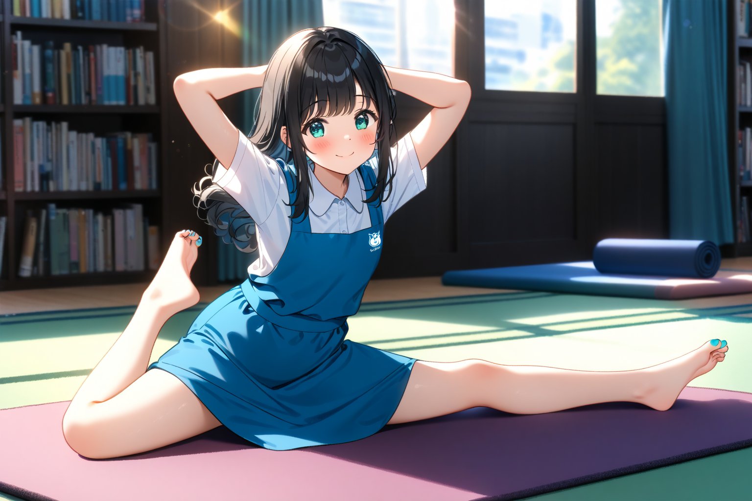 masterpiece, best quality,(1girls), solo,(depth of field),(solo focus),8K,HDR,(ultra high res),(highres),(full body),(perfect lighting),(lens flare),smiles,blush,(nice hands), (perfect hands),(black hair), (long hair),(aqua eyes),(floating hair), sidelocks,(malaysian secondary school uniform),(schoollogo),(school's logo on right side (pinafore dress)),(aqua blue skirt),(blue pinafore),(collared shirt),(white shirt),(short sleeves),(no shoes),(barefoot),(feet),(toenail polish),(aqua nails),(indoors),(sitting),(carpet),(room),(tiles floor),window,curtains,(bookshelf),(leaning forward),(yoga mat),(yoga),(yujia pose),(arms up),(split),