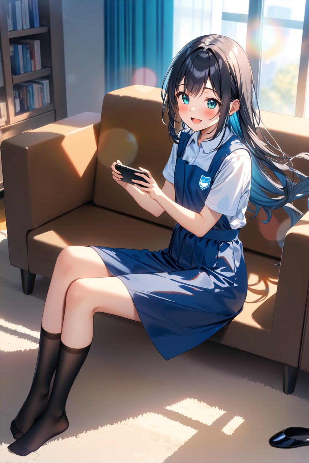 masterpiece, best quality,(1girl), solo,(depth of field),(solo focus),8K,HDR,(ultra high res),(highres),(full body),(lens flare),smiles,blush,(black hair), (long hair),(aqua eyes),(floating hair), sidelocks,(malaysian secondary school uniform),(schoollogo),(school's logo on right side (pinafore dress)),(aqua blue skirt),(blue pinafore),(collared shirt),(white shirt),(short sleeves),(black socks),(no shoes),(unworn ballet flat),(sitting on couch),(indoors),(holding the smartphone),(living room),curtains,window, carpet,shelf,