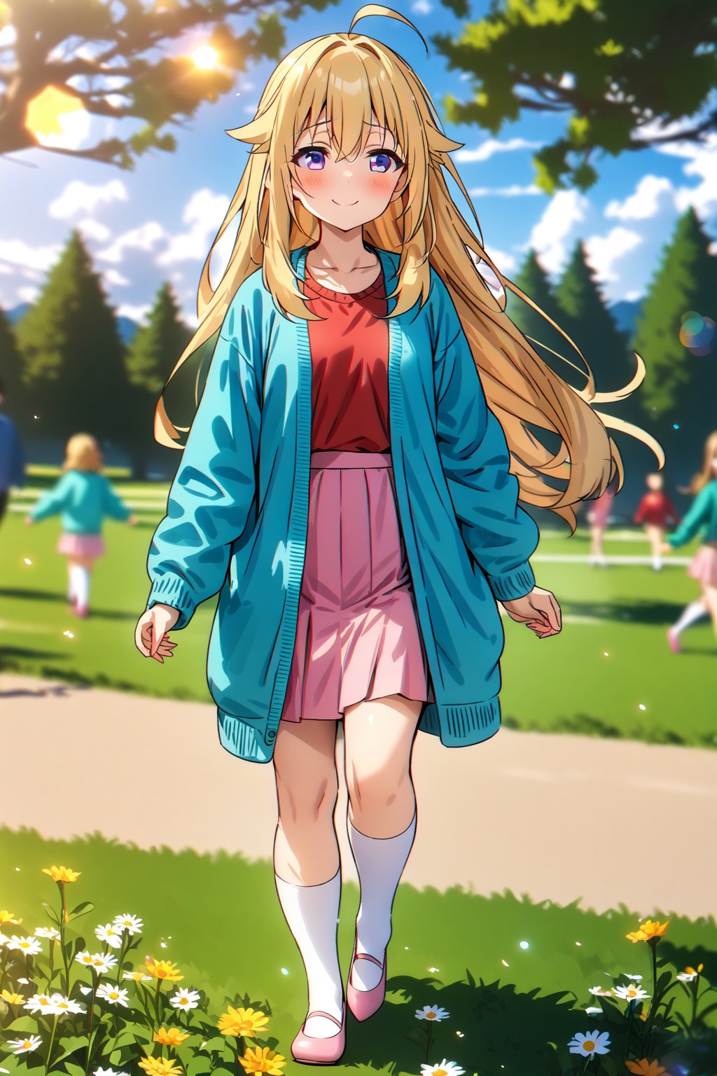 masterpiece, best quality,(1girl), solo,(depth of field),(solo focus),8K,HDR,(ultra high res),(highres),(full body),(lens flare),smiles,blush,(torako koshi),bangs,ahoge,(blonde hair),bangs,(long hair),(purple eyes),(hair between eyes),(sidelocks),(aqua cardigan),(open cardigan),(red shirt),(pink skirt),(white socks),(pink footwear),(ballet flats),walking,field,tree,flower,cloud, 