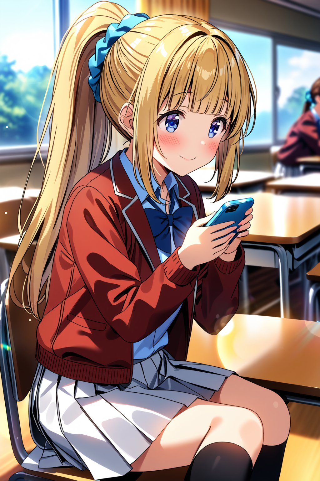 masterpiece, best quality,(1girl), solo,(depth of field),(solo focus),8K,HDR,(ultra high res),(highres),(full body),(lens flare),smiles,blush,(kei karuizawa),(blunt bangs),(blonde hair),(long hair),(ponytail),(blue eyes),(blue scrunchie),(hair scrunchie),(hair ornament),(advanced nurturing high school uniform),(red jacket),(open jacket),(blue shirt),(collared shirt),(blue bowtie),(white skirt),(pleated skirt),(black socks),(white footwear),(uwabaki),sitting,indoors,classroom,(holding phone),(smartphone),(table),(on chair),(curtain),(window), 