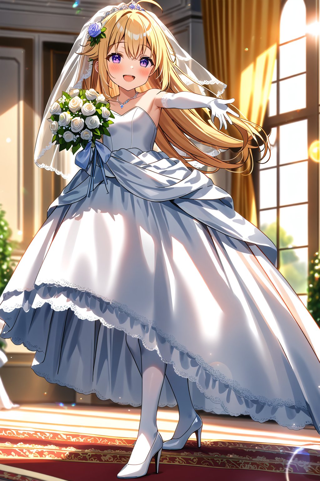 masterpiece, best quality,(1girl), solo,(depth of field),(solo focus),8K,HDR,(ultra high res),(highres),(full body),(lens flare),smiles,blush,ctiank0shi,ahoge (blonde hair),bangs,(long hair),(purple eyes),(collarbone),(hair ornament),(wedding dress), (white dress),(puffy short sleeves),(frilled dress),(white shirt),(skirt), ((white gloves),(lace-trimmed gloves)),(elbow gloves), necklace,jewelry,(white legwear),(white footwear),(high heels), indoors,standing,room, window, curtains, carpet,veil,(holding bouquet),
