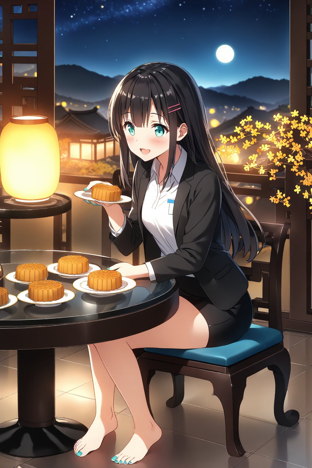 masterpiece, best quality,(1girl), solo,(depth of field),(solo focus),8K,HDR,(ultra high res),(highres),(full body),(full body),(lens flare),smiles,blush,(nice hands), (black hair),(long hair), bangs,(aqua eyes),(hairclip),(id card),(strap),(black jacket),(open jacket),(white shirt),(collared shirt),(black skirt),(pencil skirt),(barefoot),(toenail polish),(aqua nails),(unworn high heels),(mid-autumn festival),(sky lantern),(sitting),(on chair),(armchair),(balcony),(((brown mooncake),food)on plate),(holding mooncake),(maple leaf),(teacup),(teapot),(sanbou),(tsukimi dango),((glass table),(round table)),(gold osmanthus),(yellow flower),(night sky),(star \(sky\)),(full moon),(culture),china,(tile floor),