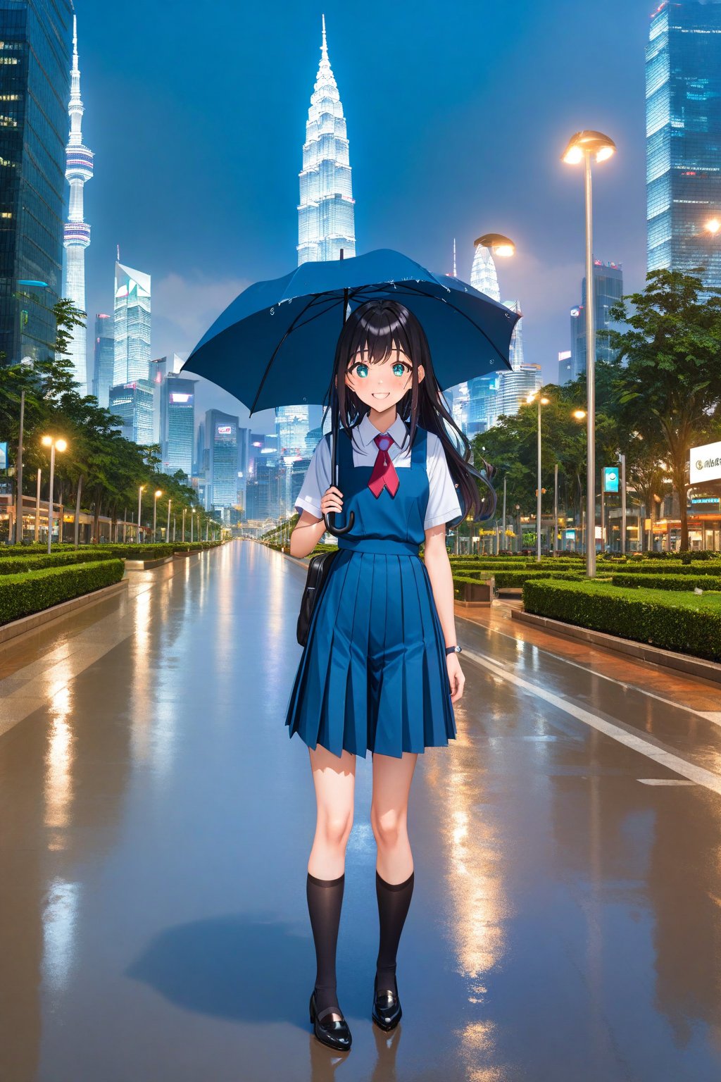 masterpiece, best quality,(1girl), solo,(depth of field),(solo focus),8K,HDR,(ultra high res),(highres),(full body),(lens flare),smiles,blush,(closed mouth),(black hair), (long hair),(aqua eyes),(floating hair), sidelocks,(malaysian secondary school uniform),(schoollogo),(school's logo on right side (pinafore dress)),(aqua blue skirt),(blue pinafore),(collared shirt),(white shirt),(short sleeves),(black socks),(black footwear),(ballet flats),(standing),(outdoors),(flood),(water),(rainstorm),(rain),(water drop),(cityspace),(holding umbrella),(wet),(lamppost),urban,(wet floor),(petronas twins tower),KLCC,(Kuala Lumpur countryside),(Kuala Lumper Tower),Malaysia,(blue sky),