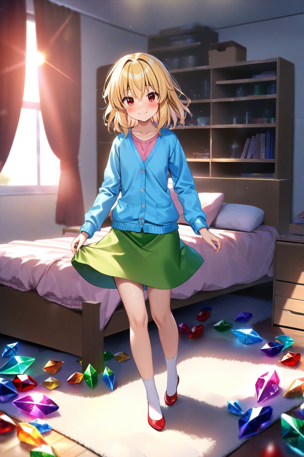 masterpiece, best quality,(1girl), solo,(depth of field),(solo focus),8K,HDR,(ultra high res),(highres),(full body),(lens flare),smiles,blush,(closed mouth),(touhou),(flandre scarlet),(blonde hair),(medium hair),(red eyes),wings, crystal, (laevatein \(touhou\)),(blue cardigan),(open cardigan),(pink shirt),(green skirt),(white socks),(red footwear),(ballet flats),(indoors),(messy room),(shelf),(curtains),(carpet),(bed),(window),(holding phone),