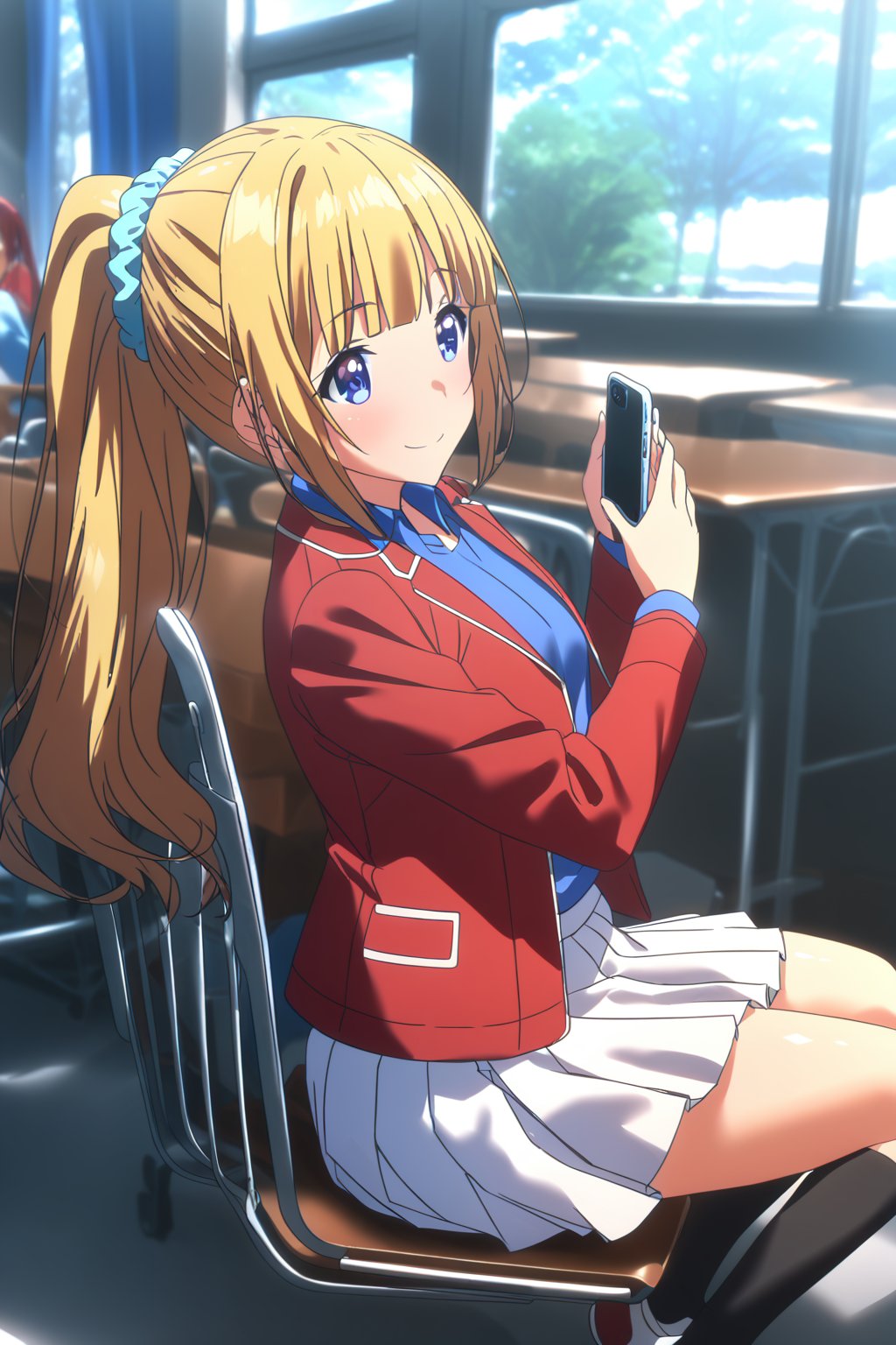 masterpiece, best quality,(1girl), solo,(depth of field),(solo focus),8K,HDR,(ultra high res),(highres),(full body),(lens flare),smiles,blush,(hinatsuruai-default),(kei karuizawa),(blunt bangs),(blonde hair),(ponytail),(blue eyes),(blue scrunchie),(hair scrunchie),(hair ornament),(advanced nurturing high school uniform),(red jacket),(open jacket),(blue shirt),(collared shirt),(blue bowtie),(white skirt),(pleated skirt),(black socks),(white footwear),(uwabaki),sitting,indoors,classroom,(holding phone),(smartphone),(table),(on chair),(curtain),(window),