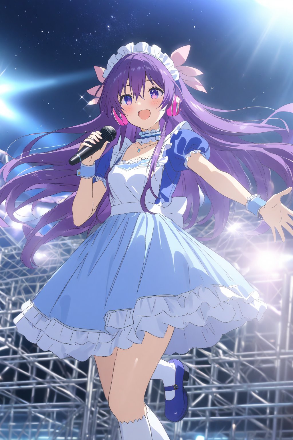 masterpiece, best quality,(1girl), solo,(depth of field),(solo focus),8K,HDR,(ultra high res),(highres),(full body),(lens flare),smiles,blush,(tooka yatogami),(hair between eyes),(white bows),(hair bows),(hair ribbon), earrings, (purple eyes), (purple hair),(floating hair),(very long hair),bangs, sidelocks,(maid headress),(idol clothes),(white bowtie),(blue dress),(frilled choker),(pink ribbon),(puffy short sleeves),(wrist cuffs)(white apron),(necklace),(white sock), (blue footwear),(mary janes),(pink headphones),(outdoors),(holding microphone),music, singing,(stage),(stage lights),(star (sky)),sparkle,(scaffolding),(standing),audience,glowstick,(outstretched arm),(feet out of frame),(leg up),