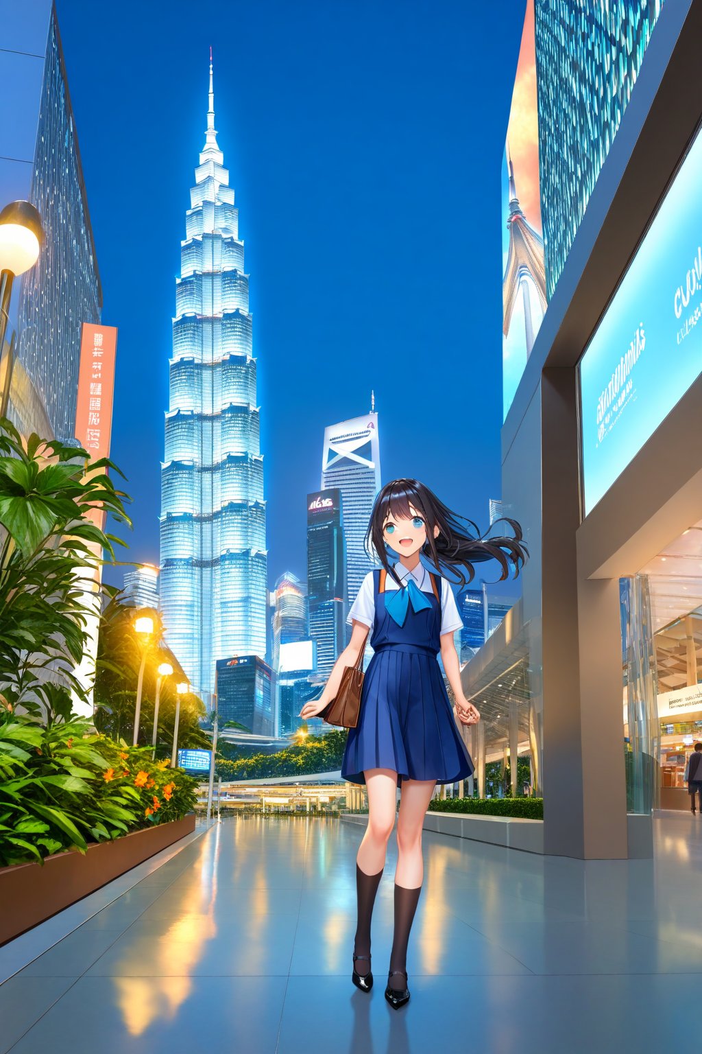 masterpiece, best quality,(1girl), solo,(depth of field),(solo focus),8K,HDR,(ultra high res),(highres),(full body),(lens flare),smiles,blush,(black hair), (long hair),(aqua eyes),(floating hair), sidelocks,(malaysian secondary school uniform),(schoollogo),(school's logo on right side (pinafore dress)),(aqua blue skirt),(blue pinafore),(collared shirt),(white shirt),(short sleeves),(black socks),(black footwear),(ballet flats),(standing),(outdoors),(cityspace),(holding hand bag),(lamppost),(building),urban,(petronas twin tower),(Longhouse),(national airport tower),KLCC,(Kuala Lumpur countryside),(Kuala Lumper Tower),Malaysia,(blue sky),landmarks,night,firework,(Hibiscus rosa-sinensis),flower,street