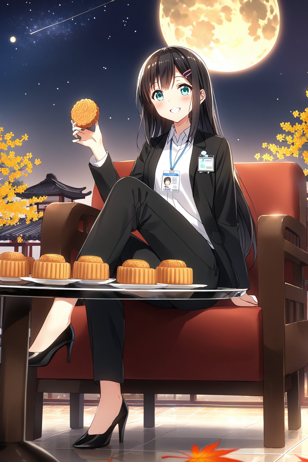 masterpiece, best quality,(1girl), solo,(depth of field),(solo focus),8K,HDR,(ultra high res),(highres),(full body),(full body),(lens flare),smiles,blush,(nice hands), (black hair),(long hair), bangs,(aqua eyes),(hairclip),(id card),(strap),(black jacket),(open jacket),(white shirt),(collared shirt),(black pants),(pencil pants),(black footwear),(high heels),(mid-autumn festival),(sky lantern),(sitting),(on chair),(armchair),(balcony),(((brown mooncake),food)on plate),(holding mooncake),(maple leaf),(teacup),(teapot),(sanbou),(tsukimi dango),((glass table),(round table)),(gold osmanthus),(yellow flower),(night sky),(star \(sky\)),(full moon),(culture),china,(tile floor),