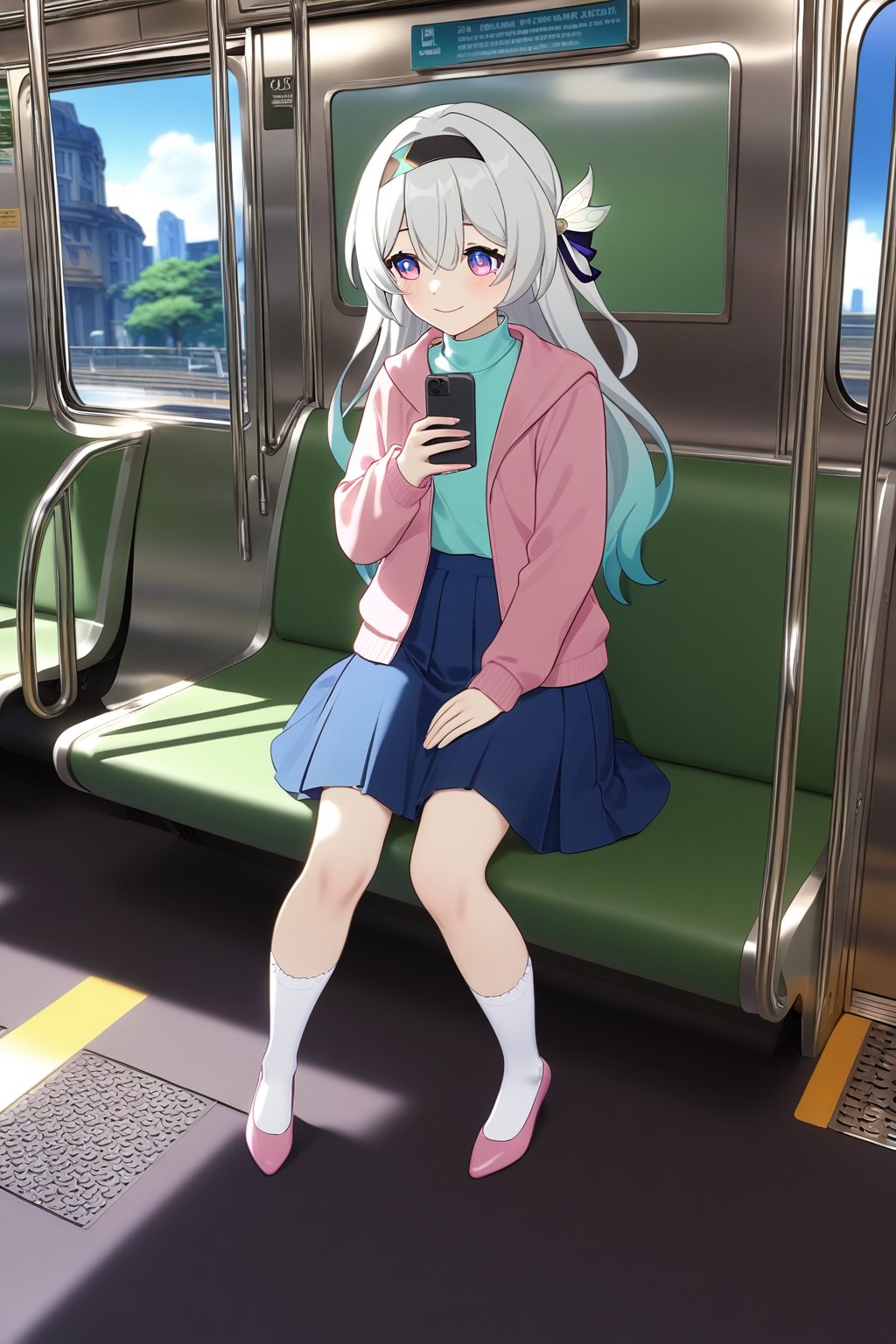 (firefly \(honkai: star rail\)),(1girl),solo,(smile),blush,absurdres,highres,(full body),((silver hair),(aqua hair),(multicolored hair)),(purple eyes),(black hairband),(hair ornament),((pink jacket),(open jacket)),(purple shirt),(blue skirt),(long sleeves),(white socks),(pink footwear),(flats), scenery, tree, scenery, indoors,(sitting),(holding smartphone),(train interior),e235