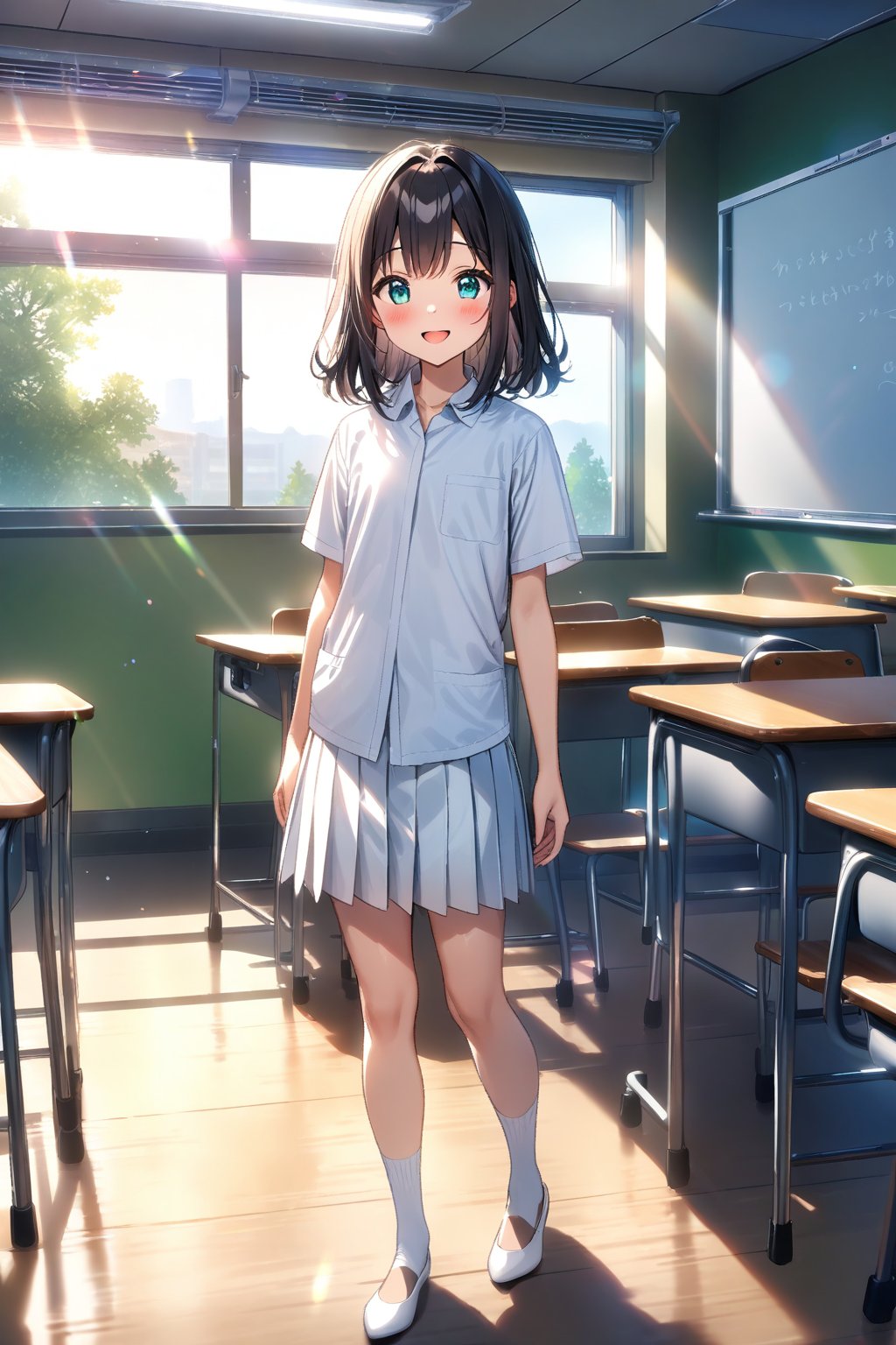 masterpiece, best quality,(1girl), solo,(depth of field),(solo focus),8K,HDR,(ultra high res),(highres),(full body),(perfect lighting),(lens flare),smiles,blush,(black hair), (medium hair),(aqua eyes), sidelocks,(collared shirt),((double pocket shirt)),(white shirt),(white buttons),(white skirt),(short sleeves),(white socks),(white footwear),(flats),(indoors),(classroom),(standing),(kyoushitsu),(school chair), (school desk), (whiteboard),(window),(ceiling light),curtains,tree,(air conditioners),