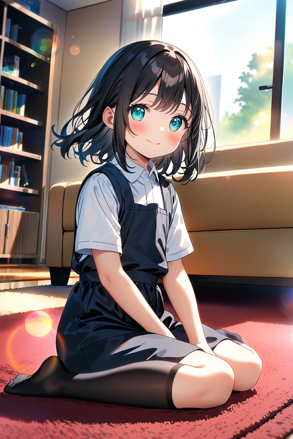 masterpiece, best quality,(1girl), solo,(depth of field),(solo focus),8K,HDR,(ultra high res),(highres),(full body),(lens flare),smiles,blush,(closed mouth),(black hair), (medium hair),(aqua eyes),(floating hair), sidelocks,(malaysian secondary school uniform),(schoollogo),(school's logo on right side (pinafore dress)),(black skirt),(black pinafore),(collared shirt),(white shirt),(short sleeves),(black socks),(no shoes),(sitting),(loli),(child),(indoors),(living room),shelf,curtain,carpet,windows,couch,