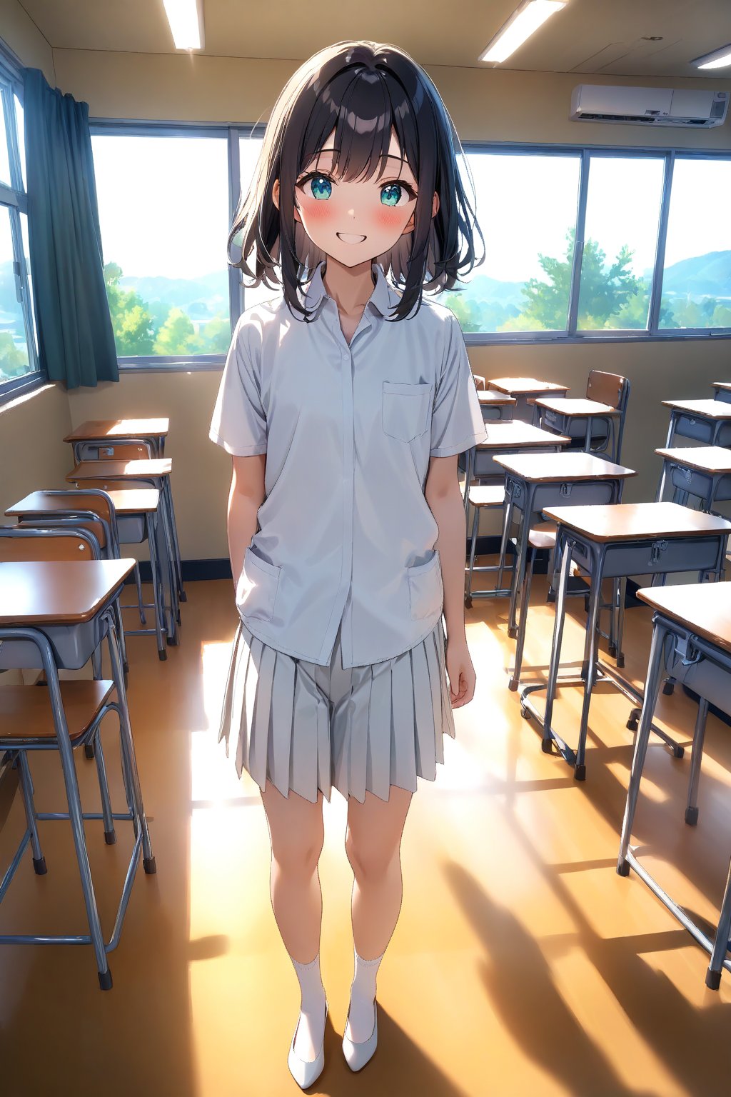 masterpiece, best quality,(1girl), solo,(depth of field),(solo focus),8K,HDR,(ultra high res),(highres),(full body),(perfect lighting),(lens flare),smiles,blush,(black hair), (medium hair),(aqua eyes), sidelocks,(collared shirt),((double pocket) of (white shirt)),(white buttons),(white skirt),(short sleeves),(white socks),(white footwear),(flats),(indoors),(classroom),(standing),(kyoushitsu),(school chair), (school desk), (whiteboard),(window),(ceiling light),curtains,tree,(air conditioners),