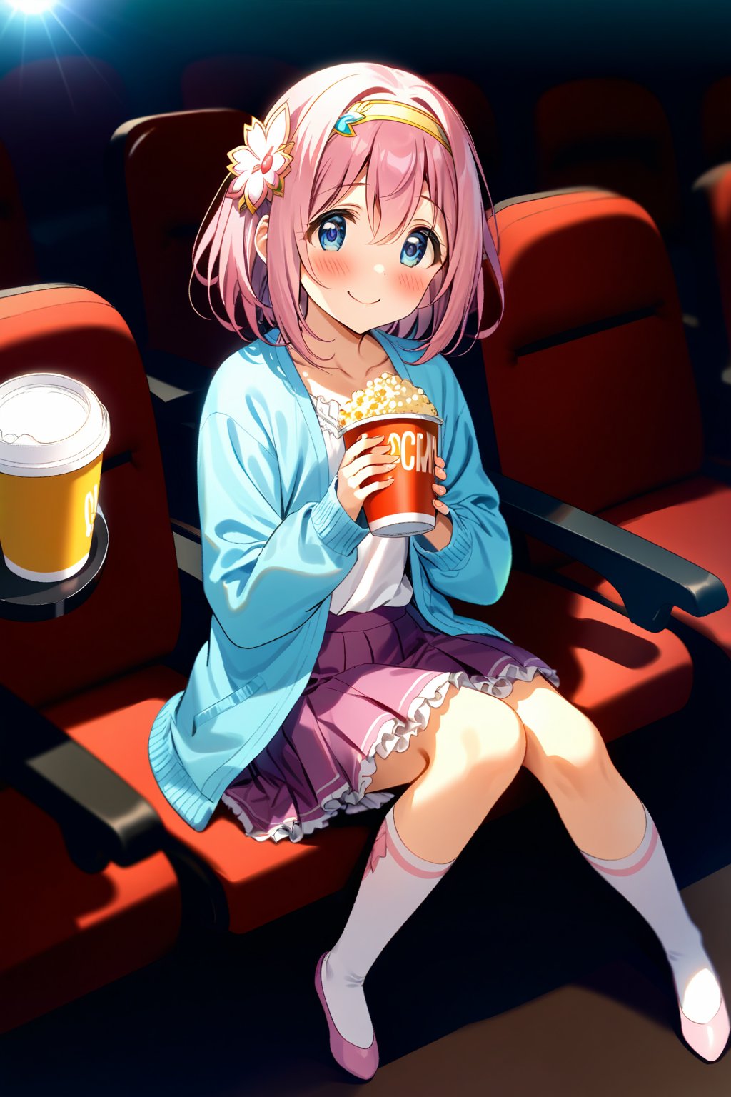 masterpiece, best quality,(1girl), solo,(depth of field),(solo focus),8K,HDR,(ultra high res),(highres),(full body),(lens flare),smiles,blush,(closed mouth),(yui \(princess connect!\)),bangs,(pink hair), (blue eyes), (medium hair), (hair between eyes),(yellow hairband),(hair ornament),(blue cardigan),(open cardigan),(white shirt),(collarbine),(purple skirt),(long sleeves),(white socks),(pink footwear),(ballet flats),(sitting),indoors, cinema,(holding food),(popcorn),(disposable cup),(drink),(movie theater),(theater seating),