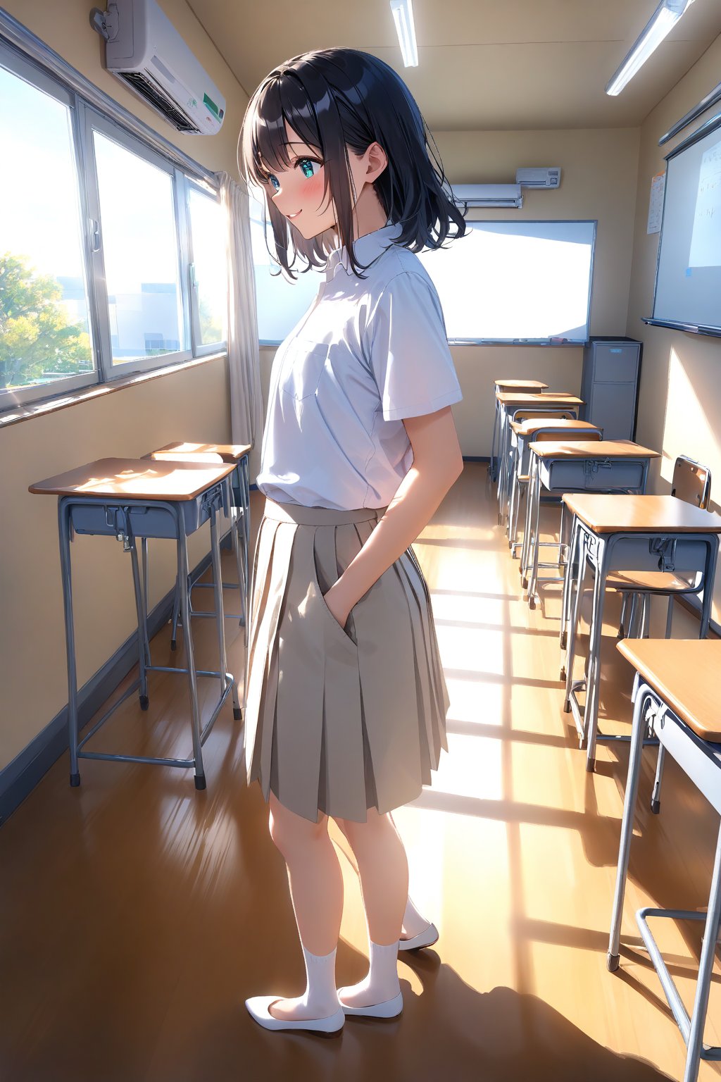 masterpiece, best quality,(1girl), solo,(depth of field),(solo focus),8K,HDR,(ultra high res),(highres),(full body),(perfect lighting),(lens flare),smiles,blush,(black hair), (medium hair),(aqua eyes), sidelocks,(collared shirt),((double pocket) of (white shirt)),(white buttons),(white skirt),(short sleeves),(white socks),(white footwear),(flats),(indoors),(classroom),(standing),(kyoushitsu),(school chair), (school desk), (whiteboard),(window),(ceiling light),curtains,tree,(air conditioners),