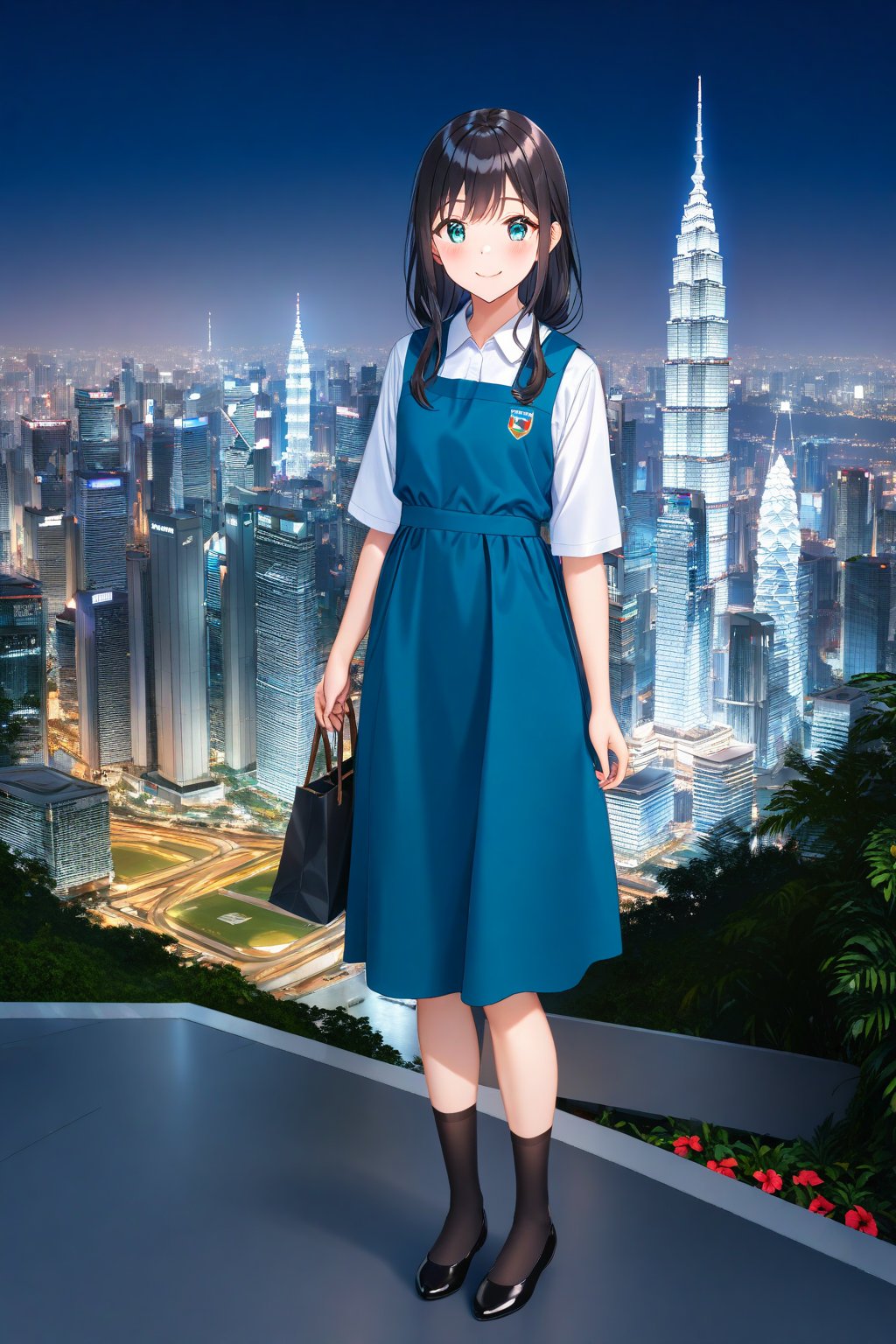 masterpiece, best quality,(1girl), solo,(depth of field),(solo focus),8K,HDR,(ultra high res),(highres),(full body),(lens flare),smiles,blush,(closed mouth),(black hair), (long hair),(aqua eyes),(floating hair), sidelocks,(malaysian secondary school uniform),(schoollogo),(school's logo on right side (pinafore dress)),(aqua blue skirt),(blue pinafore),(collared shirt),(white shirt),(short sleeves),(black socks),(black footwear),(ballet flats),(standing),(outdoors),(cityspace),(holding bag),(lamppost),(building),urban,(petronas twin tower),(Longhouse),(national airport tower),KLCC,(Kuala Lumpur countryside),(Kuala Lumper Tower),Malaysia,(blue sky),landmarks,night,fireworks, 🎇, 🎆,(Hibiscus rosa-sinensis),flower,