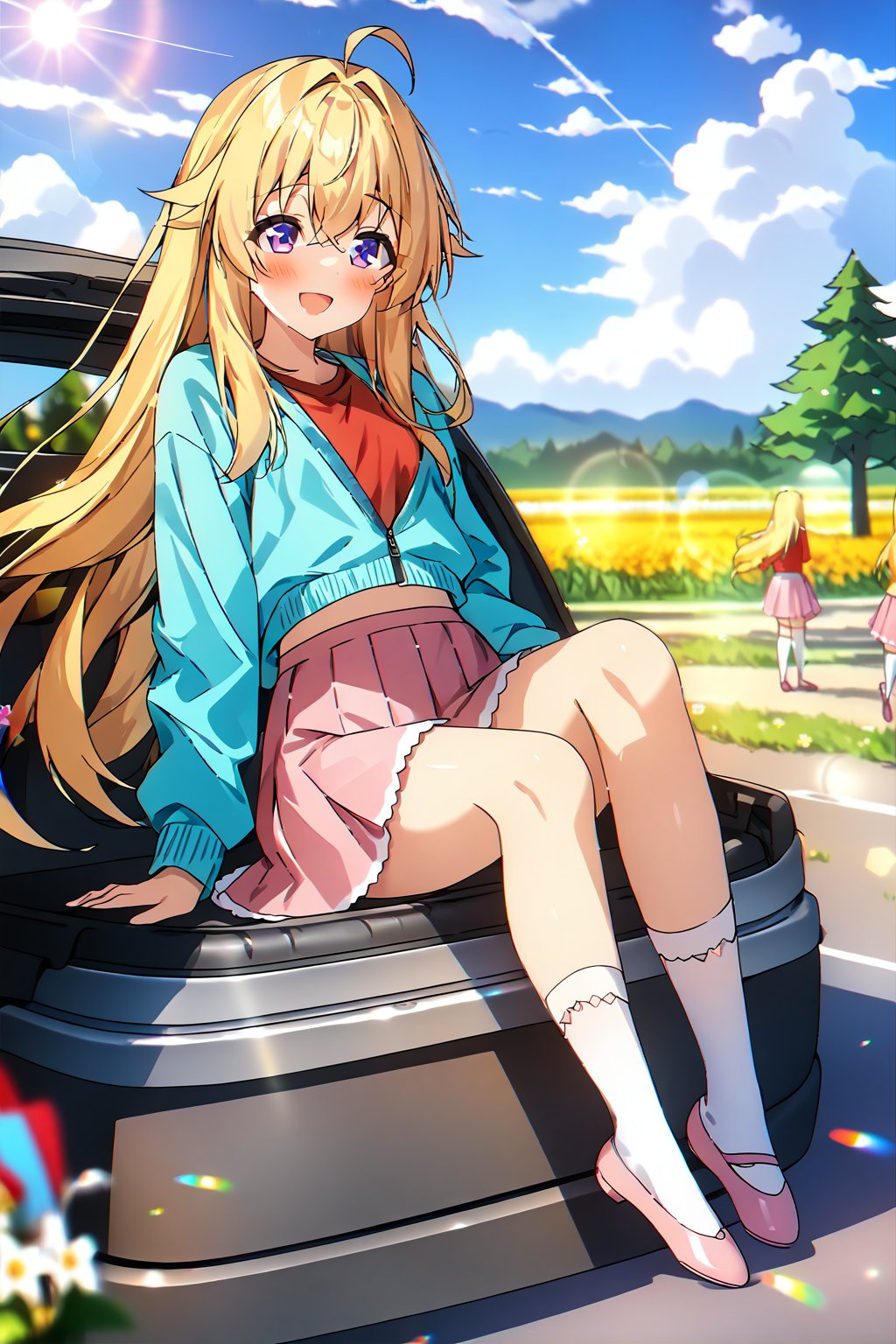 score_9, score_8_up, score_7_up, source_anime,masterpiece, best quality,(1girl), solo,(depth of field),(solo focus),8K,HDR,(ultra high res),(highres),(full body),(lens flare),smiles,blush,(ctiank0shi),ahoge (blonde hair),bangs,(long hair),(purple eyes),(aqua cardigan),(red shirt),(pink skirt),(white socks),(pink footwear),(ballet flats),car,(sitting in car trunk),field,tree,flower,cloud,