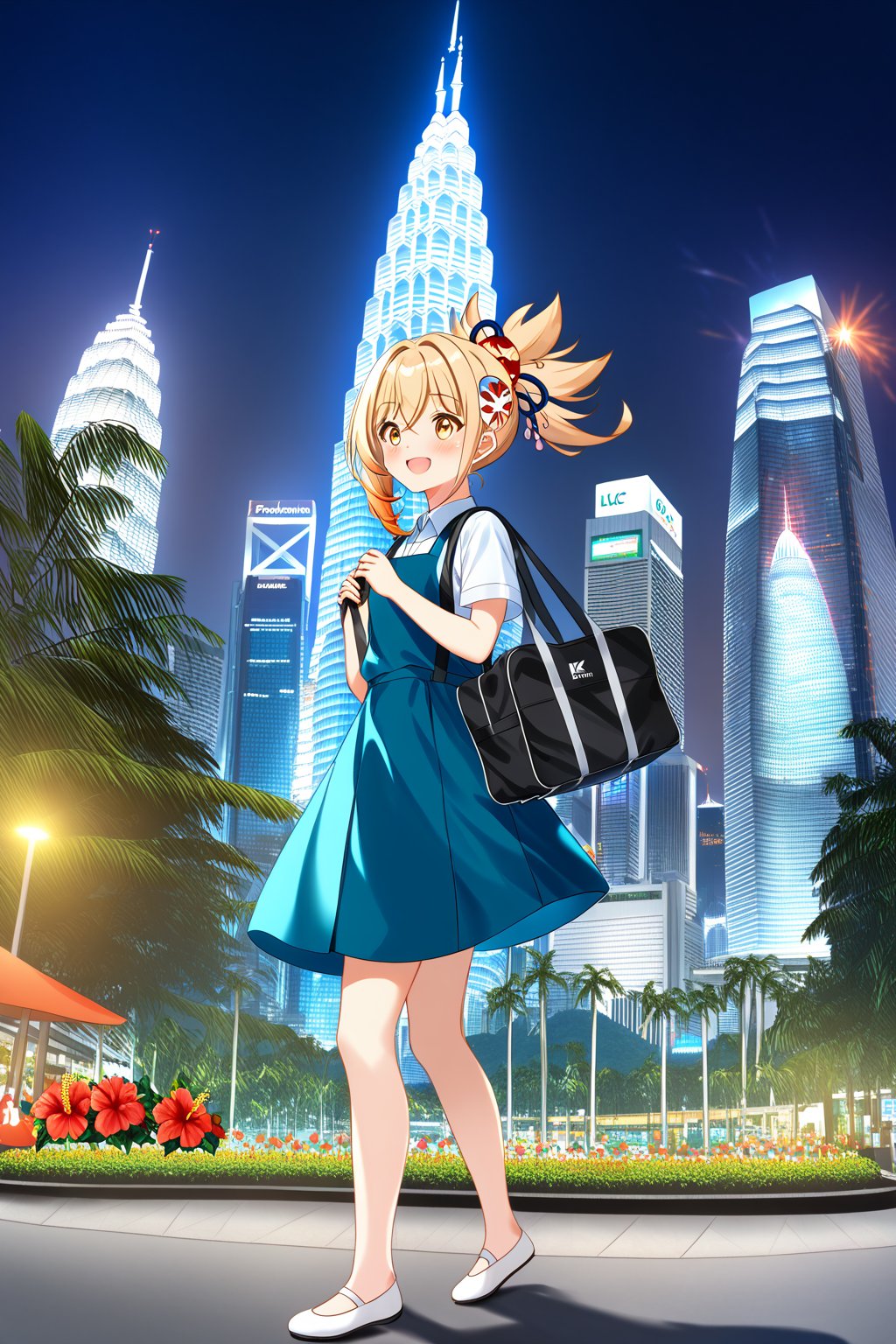 score_9, score_8_up, score_7_up, source_anime,masterpiece, best quality,(1girl), solo,(depth of field),(solo focus),8K,HDR,(ultra high res),(highres),(full body),(lens flare),smiles,blush,(yoimiya),(blonde hair), (medium hair), (asymmetrical hair), (floating hair), (hair between eyes), (high ponytail), sidelocks, (fish hair ornament), (kanzashi), (yellow eyes),,(malaysian secondary school uniform),(schoollogo),(school's logo on right side (pinafore dress)),(aqua blue skirt),(aqua pinafore),(collared shirt),(white shirt),(short sleeves),(white footwear),(ballet flats),(holding school bag),(outdoors),(cityspace),(lamppost),(building),urban,(petronas twin tower),(Longhouse),(national airport tower),KLCC,(Kuala Lumpur countryside),(Kuala Lumper Tower),Malaysia,(blue sky),landmarks,night,firework,(Hibiscus rosa-sinensis),flower,road,