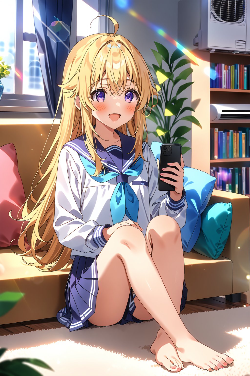 score_9, score_8_up, score_7_up, source_anime, masterpiece, best quality,(1girl), solo,(depth of field),(solo focus),8K,HDR,(ultra high res),(highres),(full body),(lens flare),smiles,blush,ctiank0shi,ahoge (blonde hair),bangs,(long hair),(purple eyes),(long sleeves),(serafuku), (blue sailor collar),(white shirt),(blue neckerchief),(dark blue skirt),(pleated skirt),(barefoot),(toenail polish),(no shoes),(indoors),(room),(sitting on couch),(pillow),curtain,window,(air conditioner),(bookshelf),table,vase,carpet,(holding phone),(smartphone),(looking at smartphone)