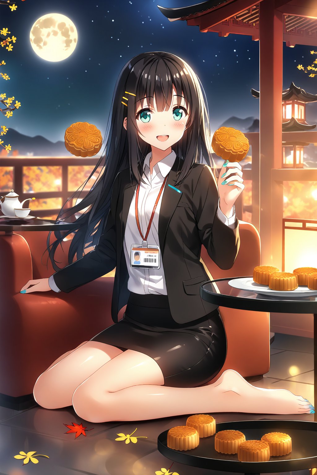 masterpiece, best quality,(1girl), solo,(depth of field),(solo focus),8K,HDR,(ultra high res),(highres),(full body),(full body),(lens flare),smiles,blush,(nice hands), (black hair),(long hair), bangs,(aqua eyes),(hairclip),(id card),(strap),(black jacket),(open jacket),(white shirt),(collared shirt),(black skirt),(pencil skirt),(barefoot),(toenail polish),(aqua nails),(unworn high heels),(mid-autumn festival),(sky lantern),(sitting),(on chair),(armchair),(balcony),(((brown mooncake),food)on plate),(holding mooncake),(maple leaf),(teacup),(teapot),(sanbou),(tsukimi dango),((glass table),(round table)),(gold osmanthus),(yellow flower),(night sky),(star \(sky\)),(full moon),(culture),china,(tile floor),