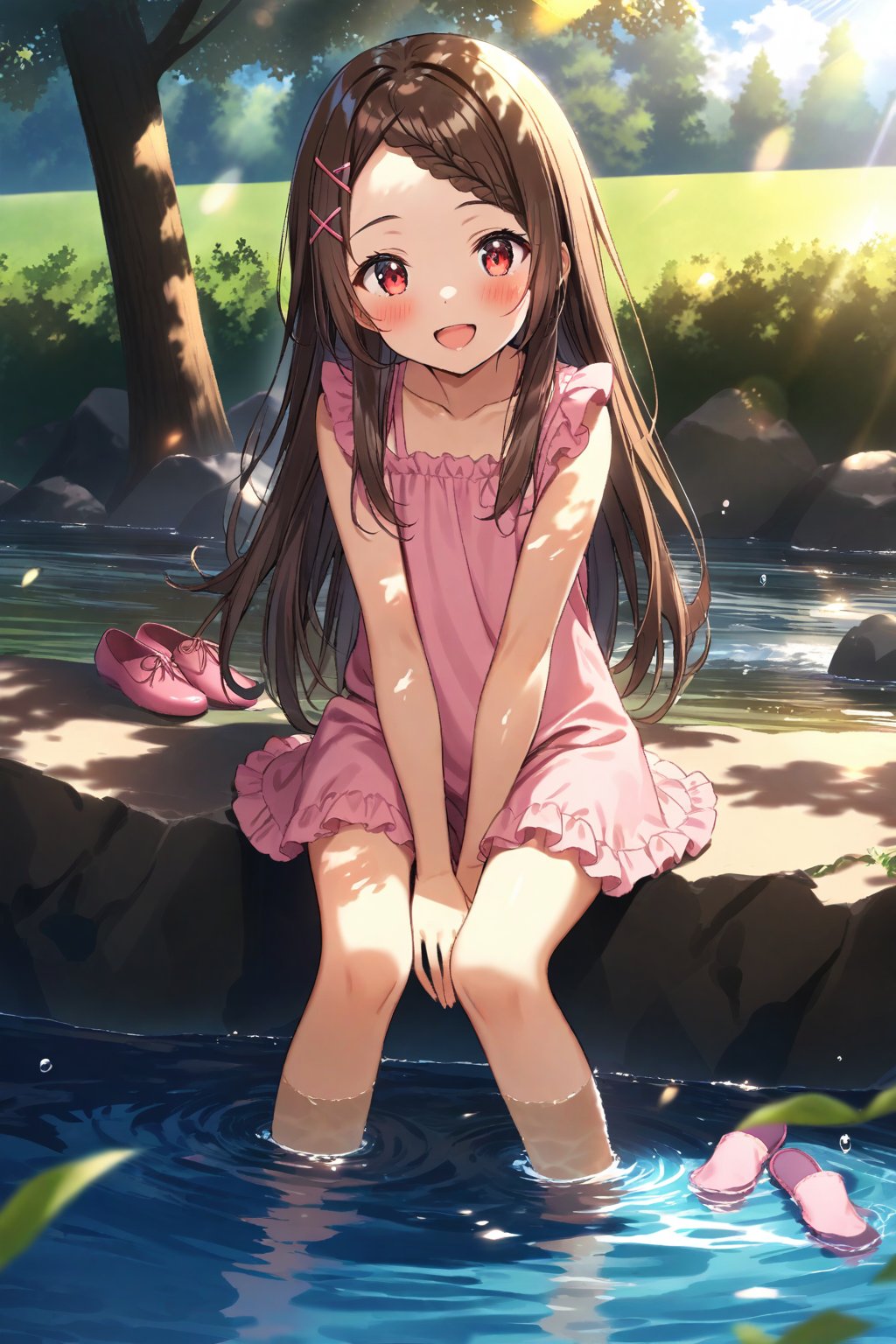 masterpiece, best quality,(1girl),(solo),(full body),(perfect lighting),(lens flare),smiles,blush,(nice hands), (perfect hands),(open mouth),(aobakokona),(brown hair),(red eyes),(very long hair),(braided bangs),(forehead),(parted bangs),(hairclip),(x hair ornament),collarbone,(pink dress),(black shirt),(sleeves past wrists),(sleeveless dress),(frilled dress),(long sleeves),(capri pants),(blue pants ),barefoot,toenail,(pink footwear removed),(unworn sneakers),(unworn socks),(sitting),outdoors,(looking at viewer),denim,(pants rolled up),(soaking feet),(dappled sunlight),handbag,rock,day, leaf, (shoulder bag),(hand between legs), wading, water,stream, (dutch angle),river,sunbeam,tree,branch