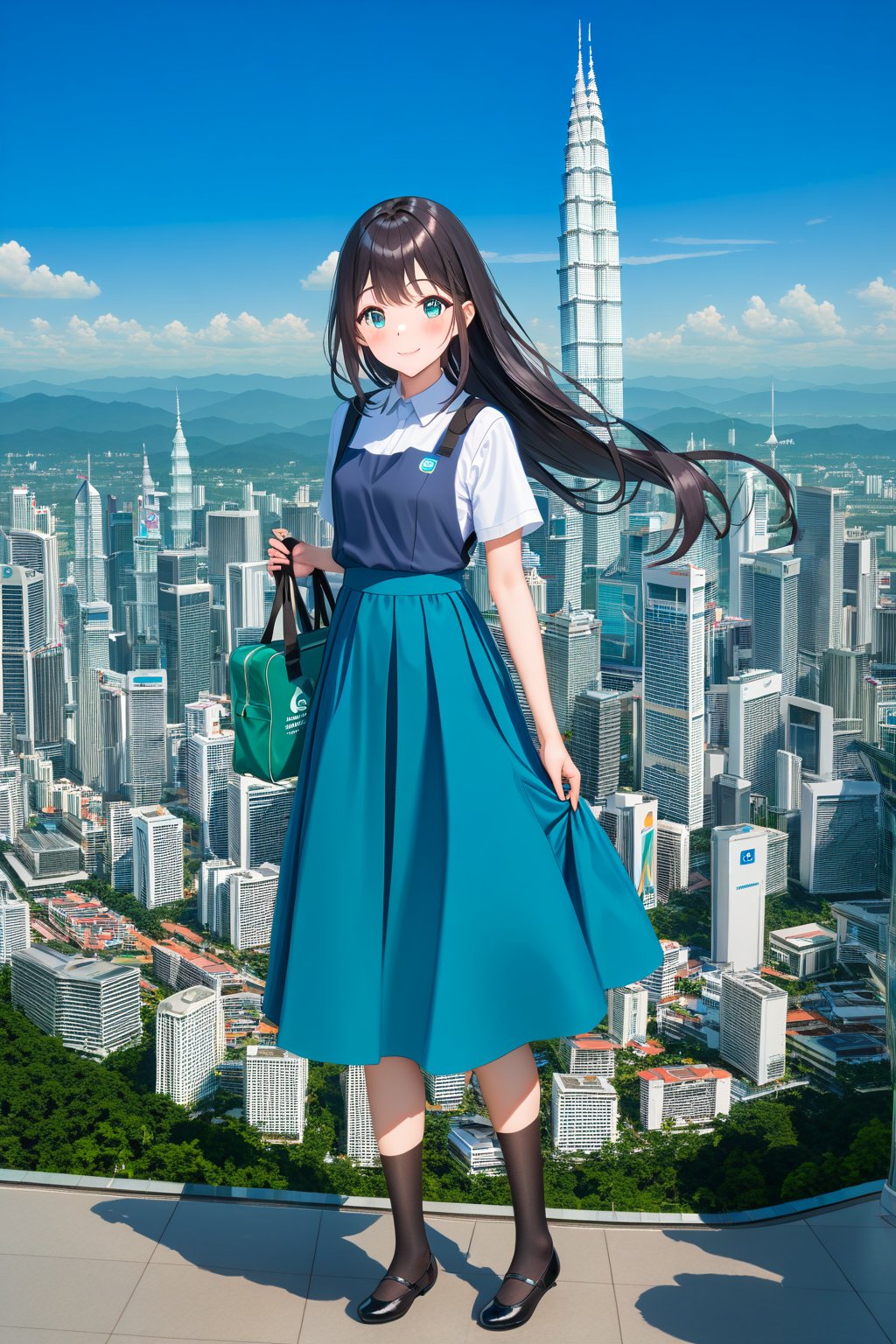 masterpiece, best quality,(1girl), solo,(depth of field),(solo focus),8K,HDR,(ultra high res),(highres),(full body),(lens flare),smiles,blush,(closed mouth),(black hair), (long hair),(aqua eyes),(floating hair), sidelocks,(malaysian secondary school uniform),(schoollogo),(school's logo on right side (pinafore dress)),(aqua blue skirt),(blue pinafore),(collared shirt),(white shirt),(short sleeves),(black socks),(black footwear),(ballet flats),(standing),(outdoors),(cityspace),(holding bag),(lamppost),urban,(petronas twin tower),(Longhouse) ,(national airport tower),KLCC,(Kuala Lumpur countryside),(Kuala Lumper Tower),Malaysia,(blue sky),landmarks 