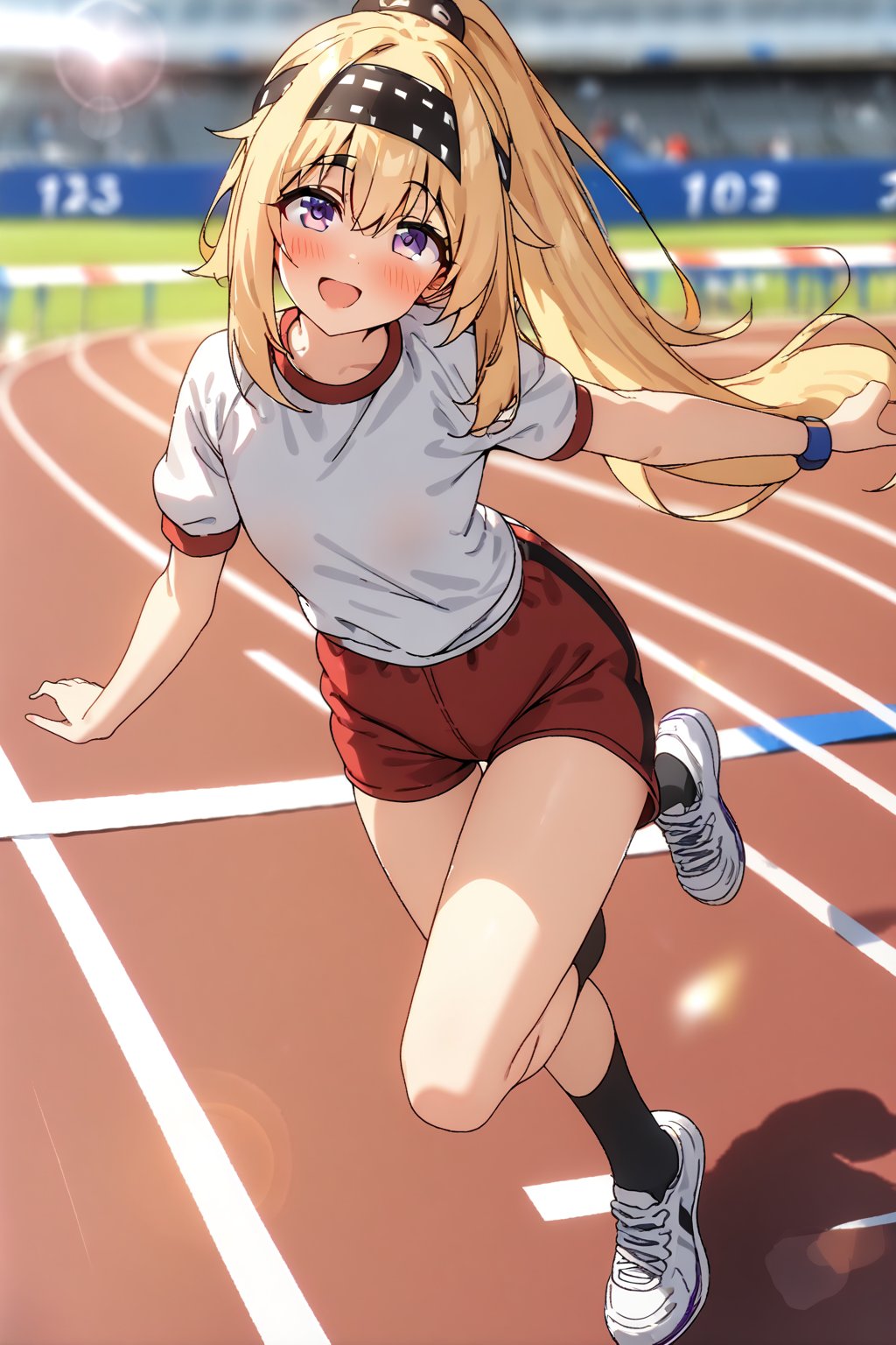 masterpiece, best quality,(1girl), solo,(depth of field),(solo focus),8K,HDR,(ultra high res),(highres),(full body),(lens flare),smiles,blush,ctiank0shi,ahoge (blonde hair),bangs,(long hair),(ponytail),(purple eyes),(headband),(white shirt),(red shorts),(gym uniform),(short sleeves),(black socks),(white footwear),(sneakers),(outdoors),(running track),(sports festival),(running),(finish line),