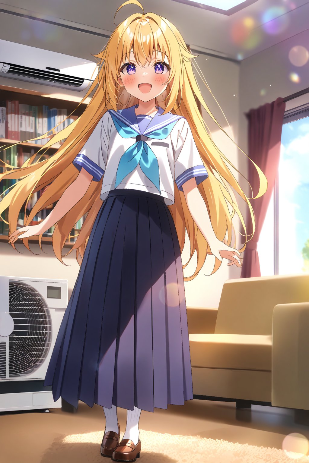 score_9, score_8_up, score_7_up, source_anime, masterpiece, best quality,(1girl), solo,(depth of field),(solo focus),8K,HDR,(ultra high res),(highres),(full body),(lens flare),smiles,blush,ctiank0shi,ahoge (blonde hair),bangs,(long hair),(purple eyes),(serafuku), (blue sailor collar),(white shirt),(blue neckerchief),(dark blue skirt),(long skirt),(pleated skirt),(brown footwear),(loafers),(indoors),(room),(curtain),(bookshelf),couch,carpet,(air conditioner)