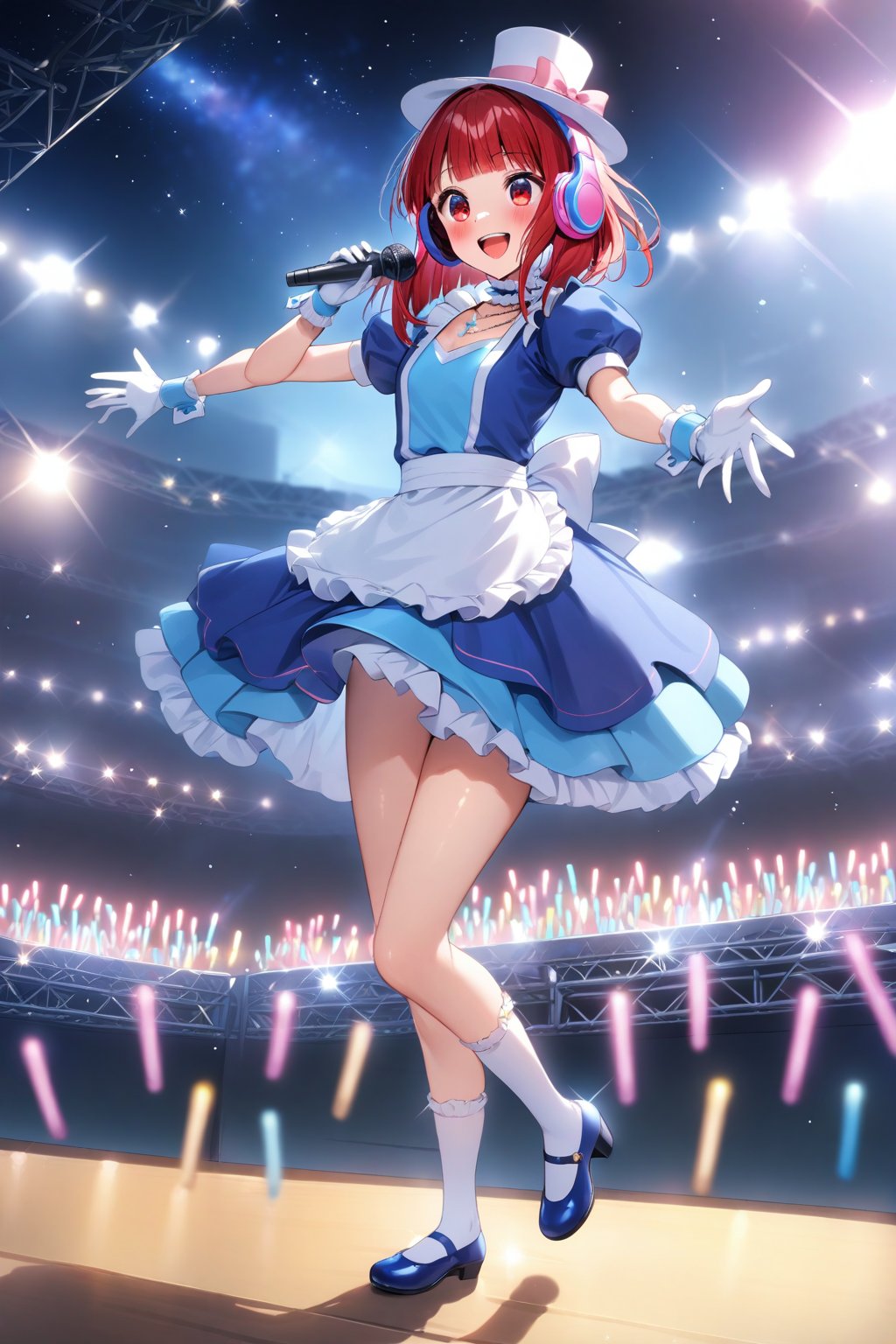 masterpiece, best quality,(1girl), solo,(depth of field),(solo focus),8K,HDR,(ultra high res),(highres),(full body),(lens flare),smiles,blush,(Kana-XL),(medium hair), (red eyes), (red hair),(blunt bangs),(top hat),(
hat bow),(idol clothes),(white bowtie),(blue dress),(frilled choker),(pink ribbon),(puffy short sleeves),(wrist cuffs)(white apron),(white gloves).(necklace),(white sock), (blue footwear),(mary janes),(pink headphones),(outdoors),(holding microphone),music, singing,(stage),(stage lights),(star (sky)),sparkle,(scaffolding),(standing),audience,glowstick,(outstretched arm),(feet out of frame),(leg up),