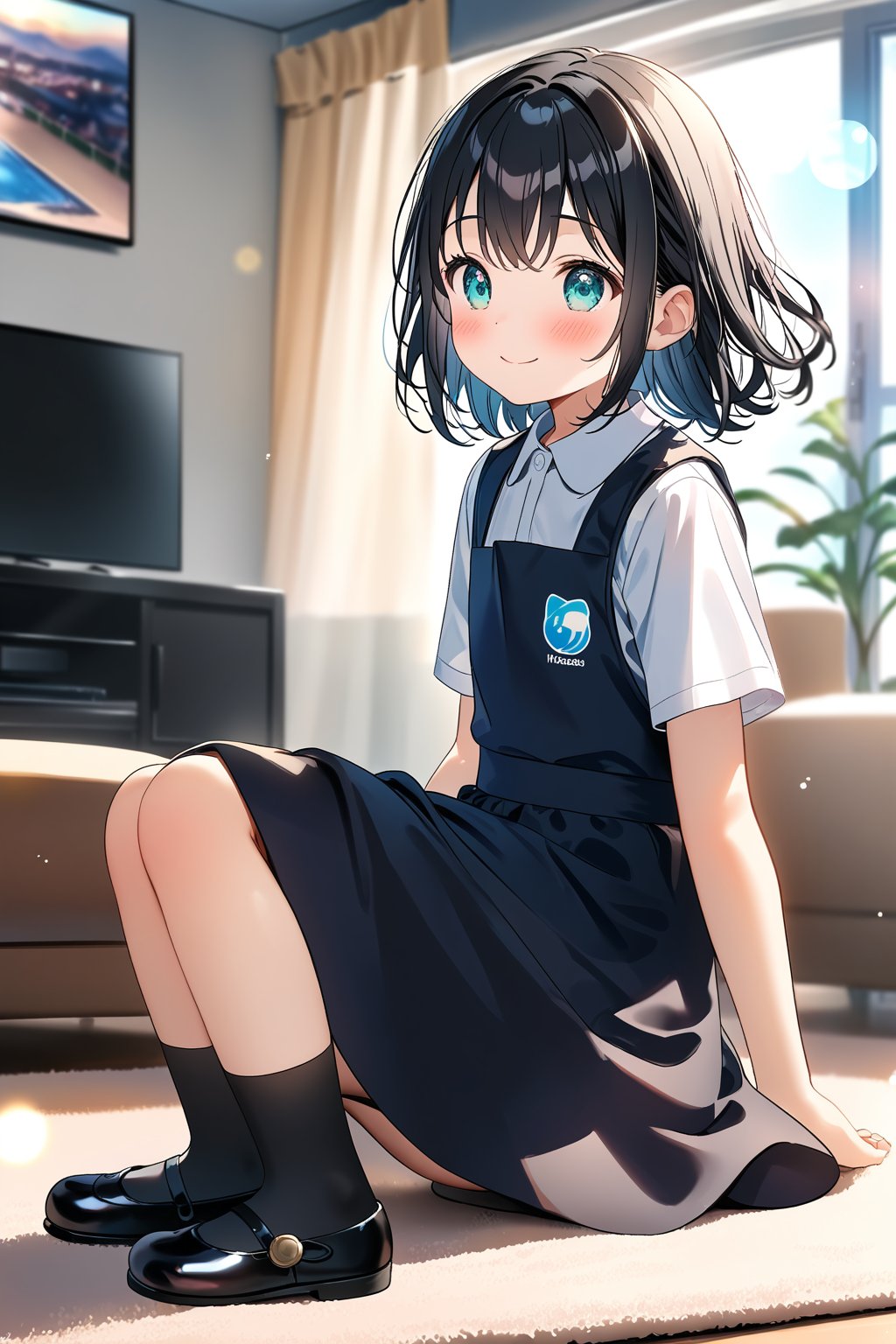 masterpiece, best quality,(1girl), solo,(depth of field),(solo focus),8K,HDR,(ultra high res),(highres),(full body),(lens flare),smiles,blush,(closed mouth),(black hair), (medium hair),(aqua eyes),(floating hair), sidelocks,(malaysian secondary school uniform),(schoollogo),(school's logo on right side (pinafore dress)),(black skirt),(black pinafore),(collared shirt),(white shirt),(short sleeves),(black socks),(black footwear),(mary janes),(sitting),(loli),(child),(indoors),(living room),shelf,curtain,carpet,windows,couch,