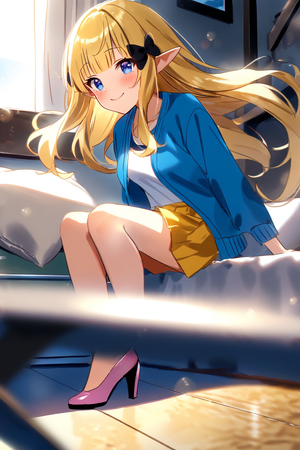 masterpiece, best quality,(1girl), solo,(depth of field),(solo focus),8K,HDR,(ultra high res),(highres),(full body),(lens flare),smiles,blush,(closed mouth),(sarenastrum),(blonde hair), (blue eyes), (long hair), (floating hair),(pointy ears), ((hair bows),(black bows)),(blunt bangs), (medium breasts),(blue jacket),(open jacket),(white shirt),(yellow skirt),(light purple footwear),(high heels),(indoors),(messy room),(messy room),(pillow),(lamp),(bed), (scenery), 