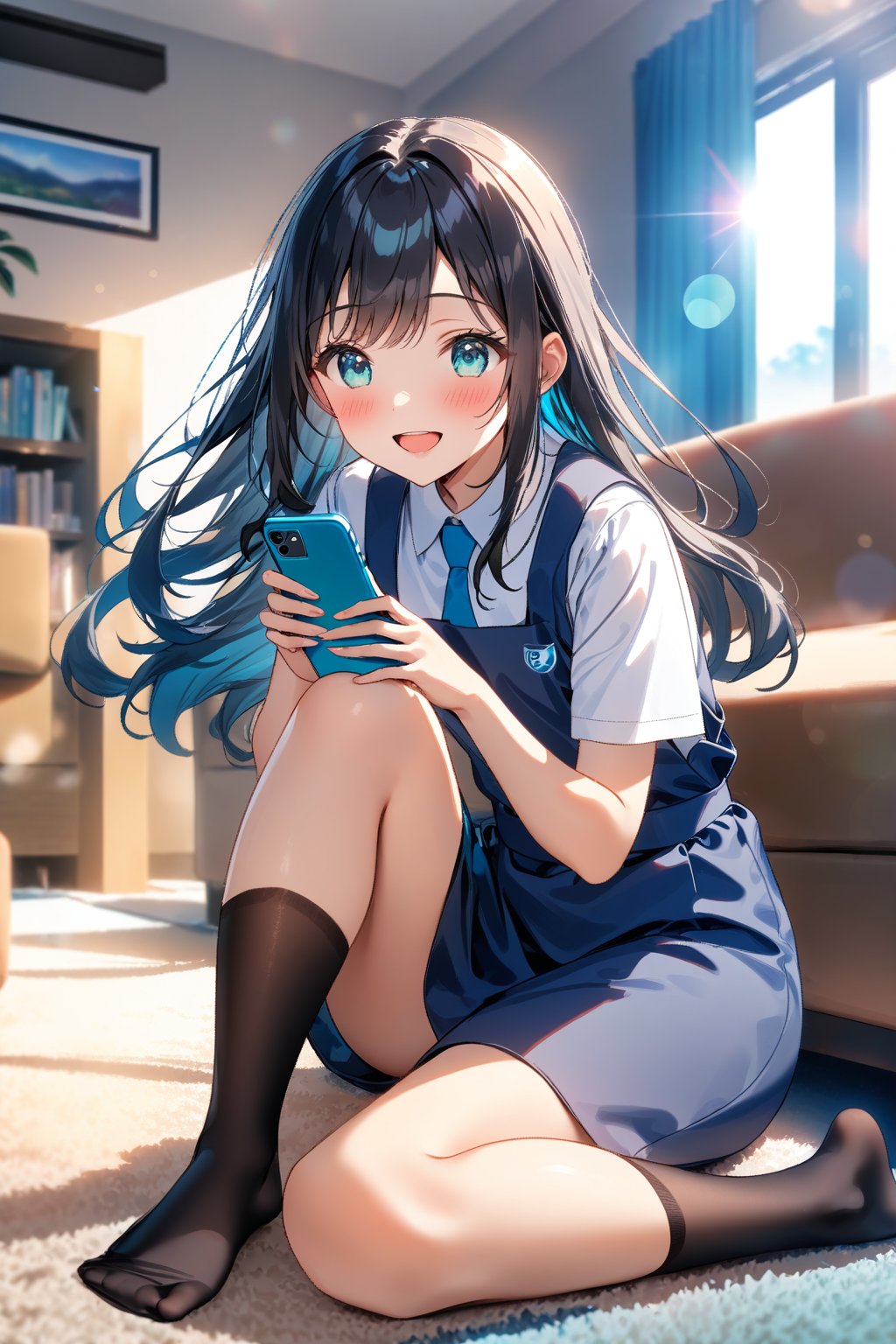 masterpiece, best quality,(1girl), solo,(depth of field),(solo focus),8K,HDR,(ultra high res),(highres),(full body),(lens flare),smiles,blush,(black hair), (long hair),(aqua eyes),(floating hair), sidelocks,(malaysian secondary school uniform),(schoollogo),(school's logo on right side (pinafore dress)),(aqua blue skirt),(blue pinafore),(collared shirt),(white shirt),(short sleeves),(black socks),(no shoes),(unworn ballet flat),(sitting on couch),(indoors),(holding the smartphone),(living room),curtains,window, carpet,shelf,