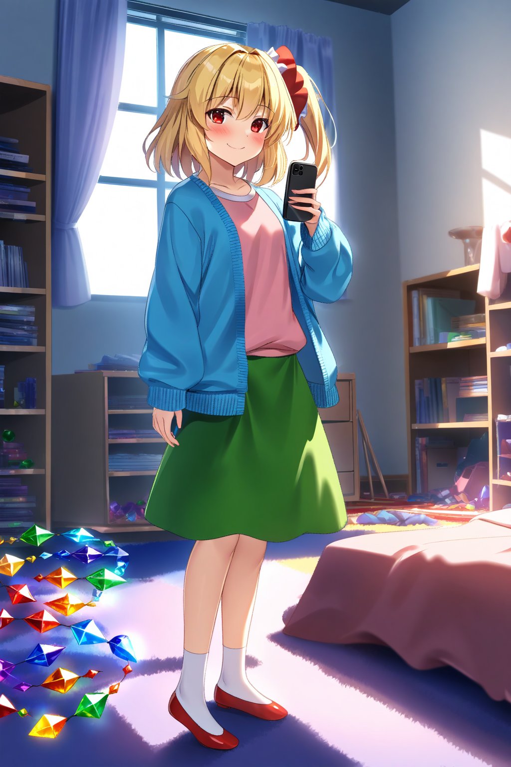 masterpiece, best quality,(1girl), solo,(depth of field),(solo focus),8K,HDR,(ultra high res),(highres),(full body),(lens flare),smiles,blush,(closed mouth),(touhou),(flanN),(flandre scarlet),(blonde hair),(side ponytail),(medium hair),(red eyes),wings, crystal, (laevatein \(touhou\)),(blue cardigan),(open cardigan),(pink shirt),(green skirt),(white socks),(red footwear),(ballet flats),(indoors),(messy room),(shelf),(curtains),(carpet),(bed),(window),(holding phone),