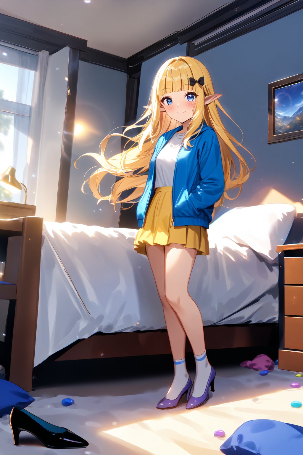 masterpiece, best quality,(1girl), solo,(depth of field),(solo focus),8K,HDR,(ultra high res),(highres),(full body),(lens flare),smiles,blush,(closed mouth),(sarenastrum),(blonde hair), (blue eyes), (long hair), (floating hair),(pointy ears), ((hair bows),(black bows)),(blunt bangs), (medium breasts),(blue jacket),(open jacket),(white shirt),(yellow skirt),(white socks),(light purple footwear),(high heels),(indoors),(messy room),(messy room),(pillow),(lamp),(bed), (scenery), 