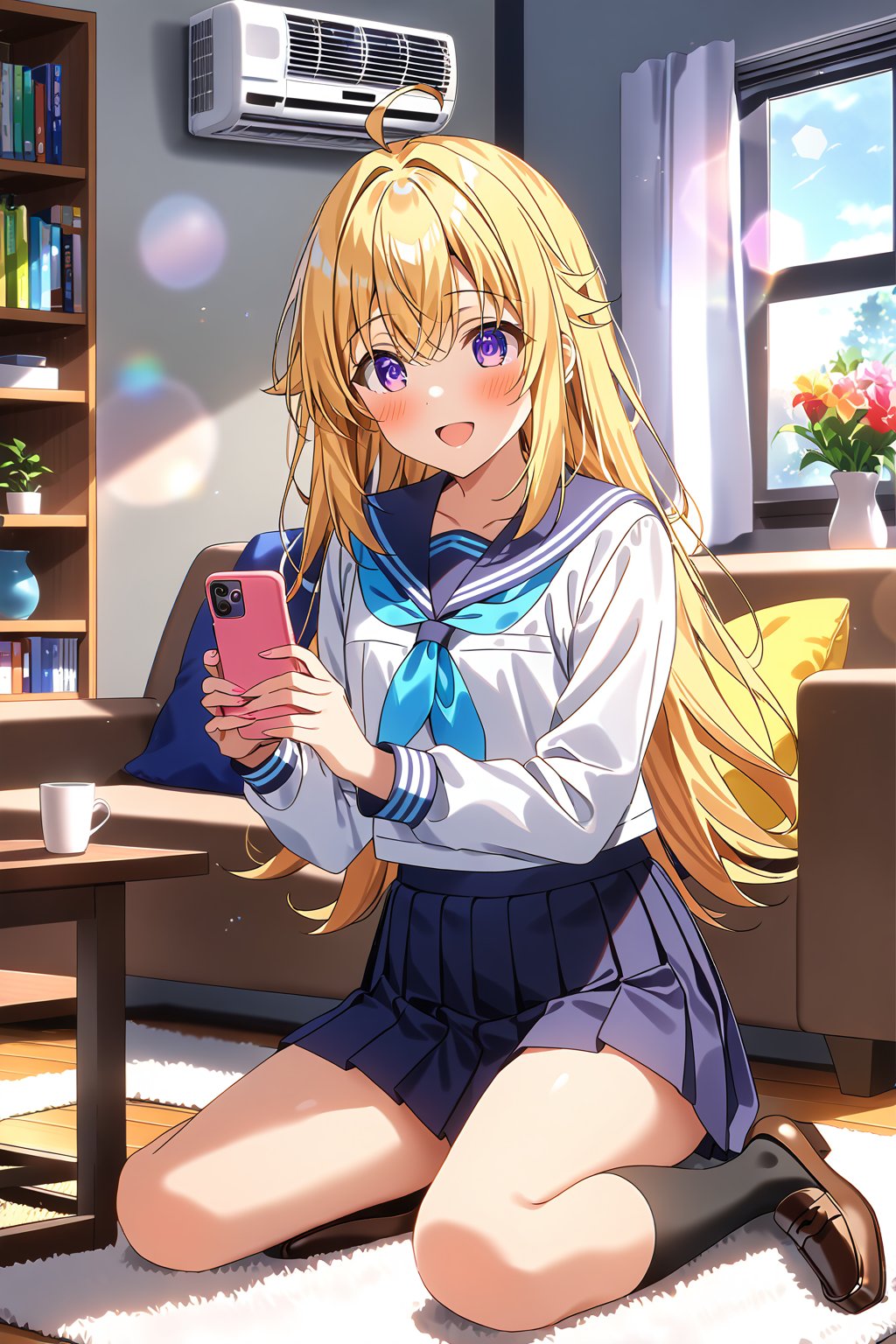 score_9, score_8_up, score_7_up, source_anime, masterpiece, best quality,(1girl), solo,(depth of field),(solo focus),8K,HDR,(ultra high res),(highres),(full body),(lens flare),smiles,blush,ctiank0shi,ahoge (blonde hair),bangs,(long hair),(purple eyes),(long sleeves),(serafuku), (blue sailor collar),(white shirt),(blue neckerchief),(dark blue skirt),(pleated skirt),(black socks),(brown footwear),(loafers),(indoors),(room),(sitting on couch),(pillow),curtain,window,(air conditioner),(bookshelf),table,vase,carpet,(holding phone),(smartphone)