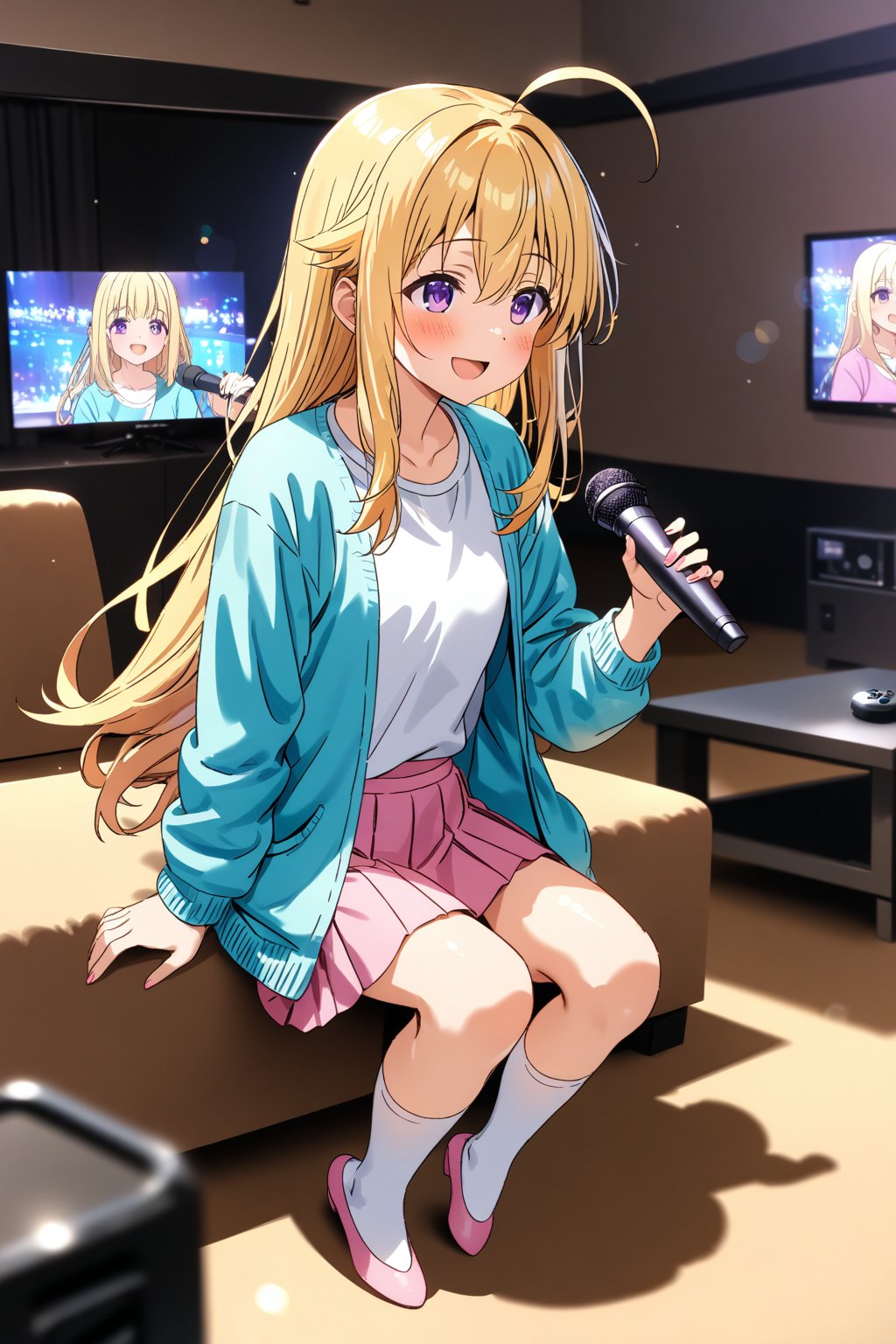 masterpiece, best quality,(1girl), solo,(depth of field),(solo focus),8K,HDR,(ultra high res),(highres),(full body),(lens flare),smiles,blush,(torako koshi),bangs,ahoge,(blonde hair),bangs,(long hair),(purple eyes),(hair between eyes),(aqua cardigan),(open cardigan),(white shirt),(pink skirt),(white socks),(pink footwear),(ballet flats),indoors,(holding microphone),karaoke,sitting,(karaokeroom),scenery,table,door,couch,screen,joypad, microphone,television, 