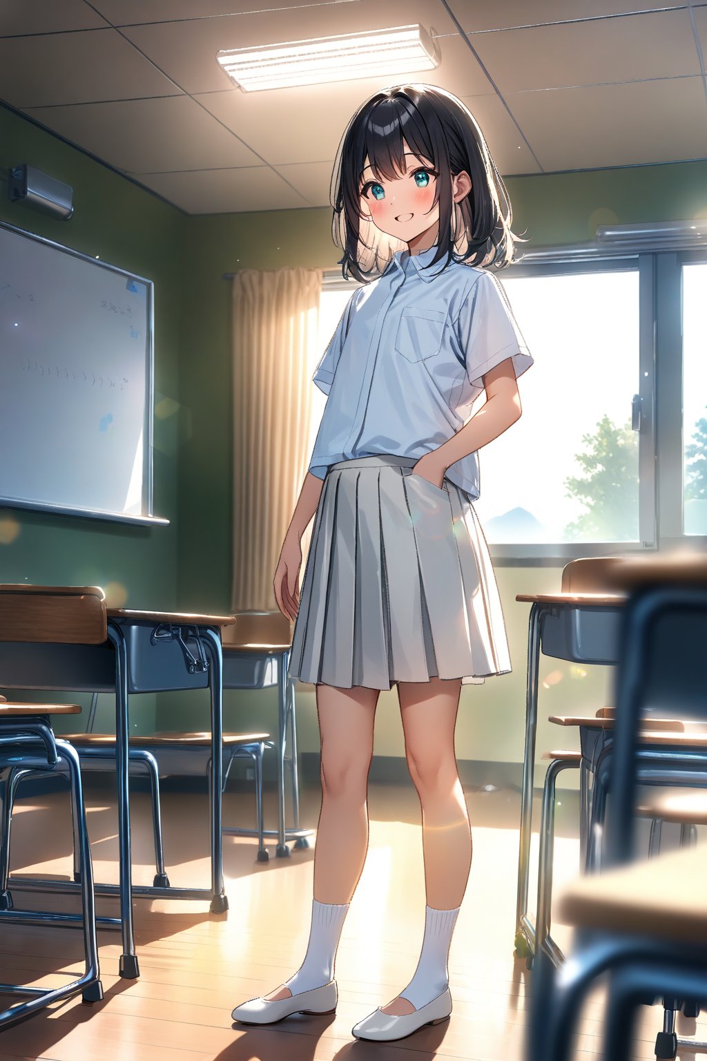 masterpiece, best quality,(1girl), solo,(depth of field),(solo focus),8K,HDR,(ultra high res),(highres),(full body),(perfect lighting),(lens flare),smiles,blush,(black hair), (medium hair),(aqua eyes), sidelocks,(collared shirt),((double pocket shirt)),(white shirt),(white buttons),(white skirt),(short sleeves),(white socks),(white footwear),(flats),(indoors),(classroom),(standing),(kyoushitsu),(school chair), (school desk), (whiteboard),(window),(ceiling light),curtains,tree,(air conditioners),