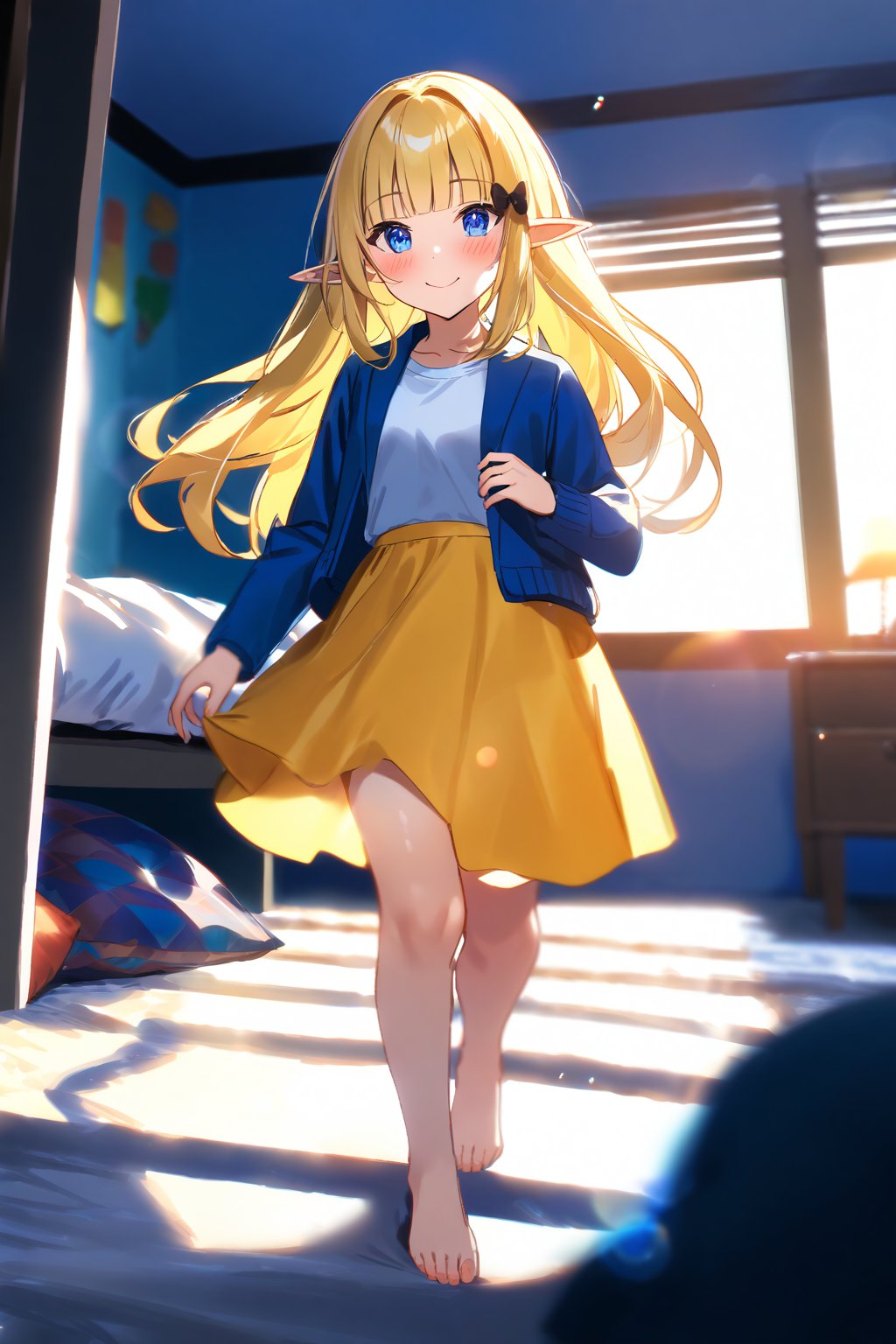 masterpiece, best quality,(1girl), solo,(depth of field),(solo focus),8K,HDR,(ultra high res),(highres),(full body),(lens flare),smiles,blush,(closed mouth),(sarenastrum),(blonde hair), (blue eyes), (long hair), (floating hair),(pointy ears), ((hair bows),(black bows)),(blunt bangs), (medium breasts),(blue jacket),(open jacket),(white shirt),(yellow skirt),(barefoot),(toenail polish),(indoors),(messy room),(messy room),(pillow),(lamp),(bed), (scenery), 