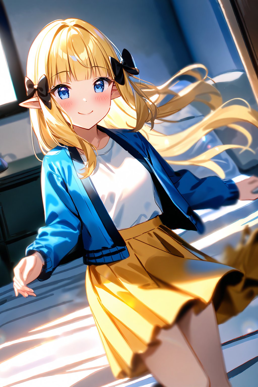 masterpiece, best quality,(1girl), solo,(depth of field),(solo focus),8K,HDR,(ultra high res),(highres),(full body),(lens flare),smiles,blush,(closed mouth),(sarenastrum),(blonde hair), (blue eyes), (long hair), (floating hair),(pointy ears), ((hair bows),(black bows)),(blunt bangs), (medium breasts),(blue jacket),(open jacket),(white shirt),(yellow skirt),(white socks),(light purple footwear),(high heels),(indoors),(messy room),(shinshitsu),(pillow),(lamp),(bed), (scenery), 