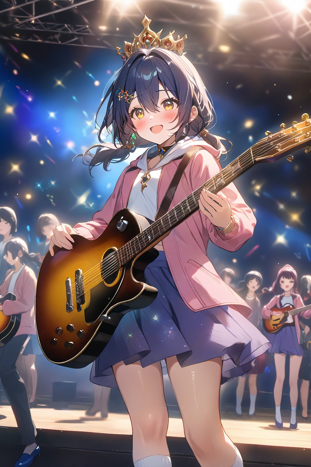 masterpiece, best quality,(1girl), solo,(depth of field),(solo focus),8K,HDR,(ultra high res),(highres),(full body),(lens flare),smiles,blush,(yunli),(dark blue hair),(short hair with long locks),(low twintails),(yellow eyes),(hair between eyes),(single earrings),(crown),(hairclip),(headpiece),(hair ornament),(low ponytail),(double ponytail),(pink jacket),(white shirt),(purple skirt),(white socks),(blue footwear),(flats),(pink headphones),(outdoors),(holding guitar),(electric guitar),music, singing,(stage),(stage lights),(star (sky)),sparkle,(scaffolding),(standing),audience,glowstick,(outstretched arm),(feet out of frame),(leg up)